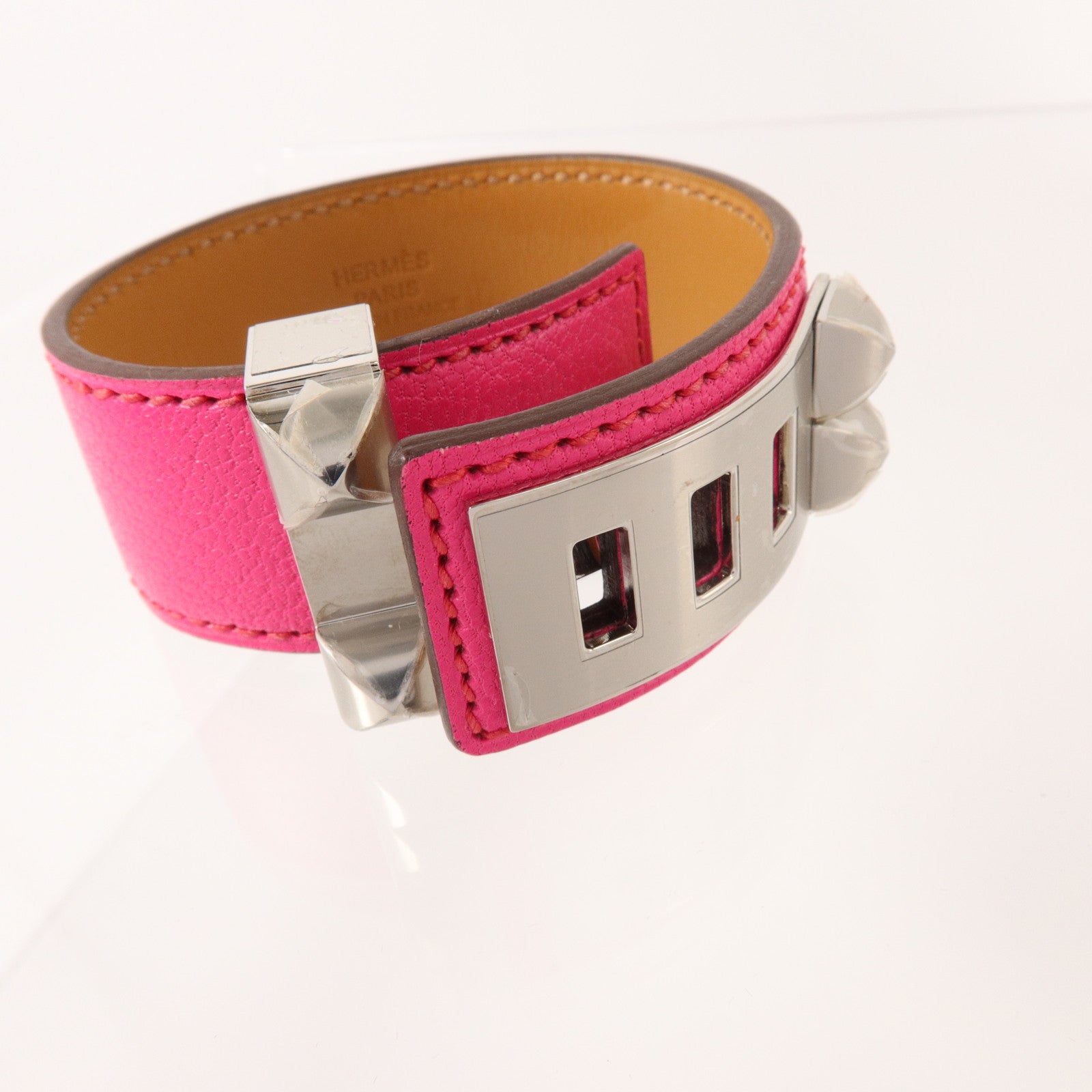 HERMES Chevre Chamkila皮革Collier De Chien 24 Bangle銀扣手鐲Rose Pop
