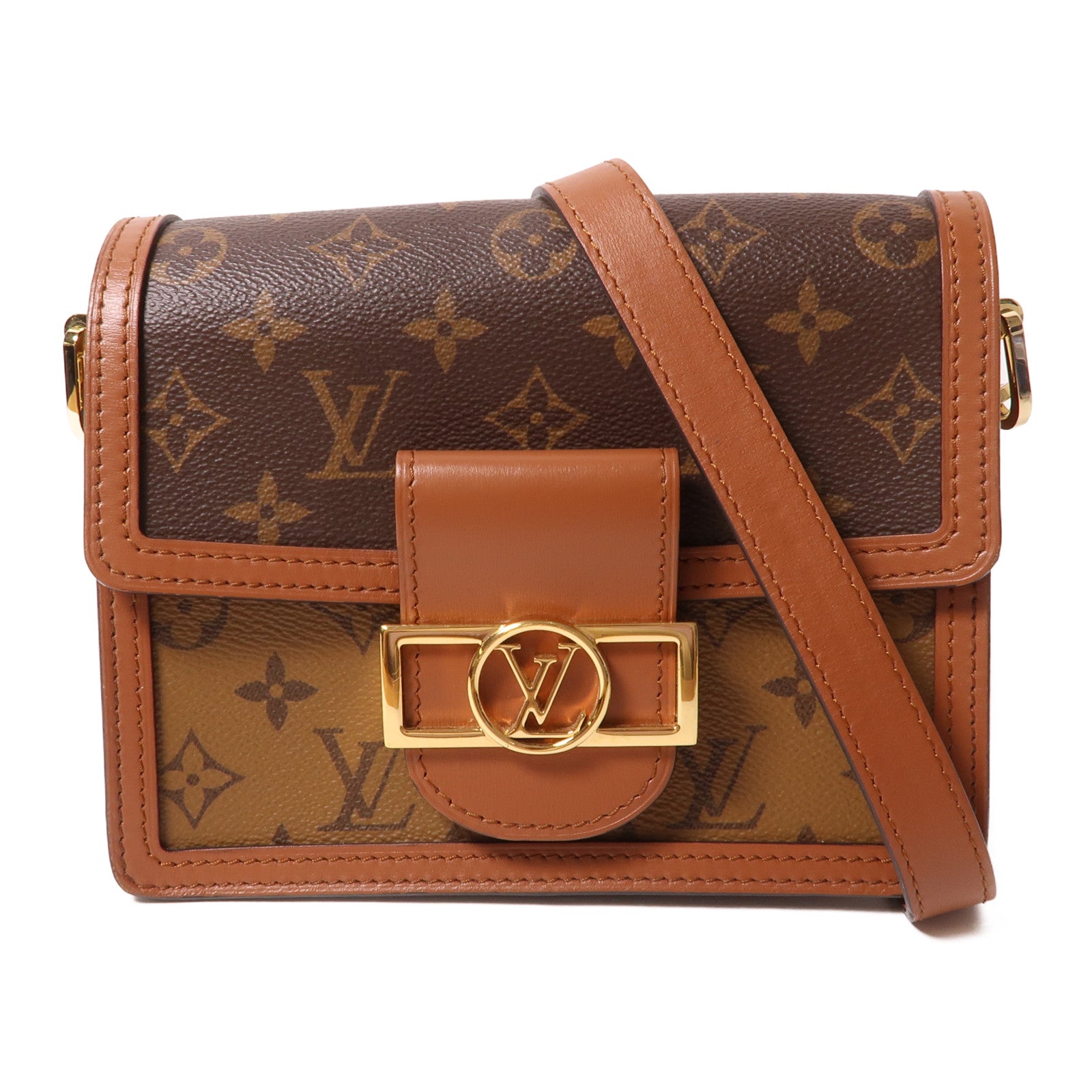 LOUIS VUITTON Monogram Reverse Mini Dauphine金扣肩背袋棕色