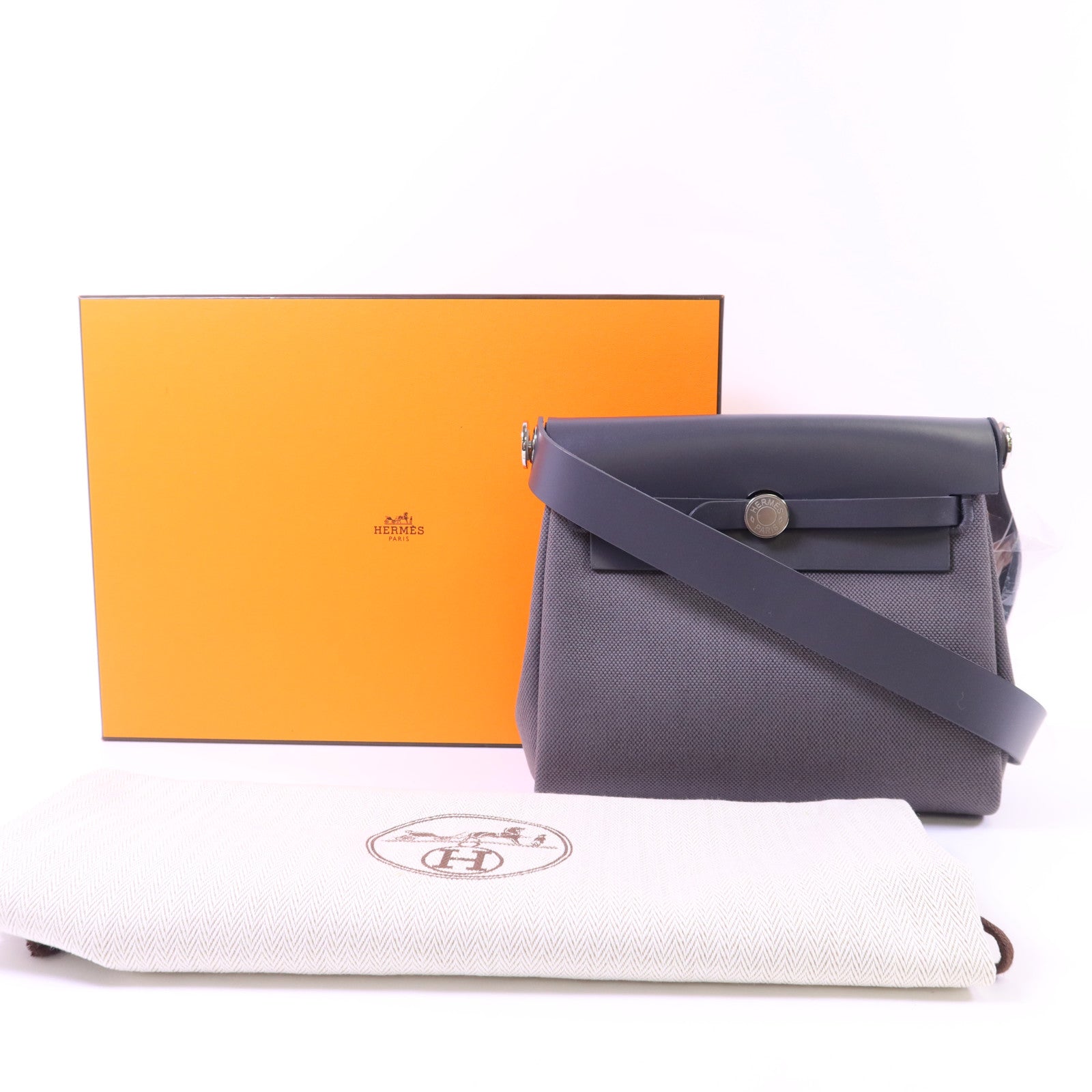 HERMES Toile H帆布Mini Herbag銀扣肩背袋Ardoise