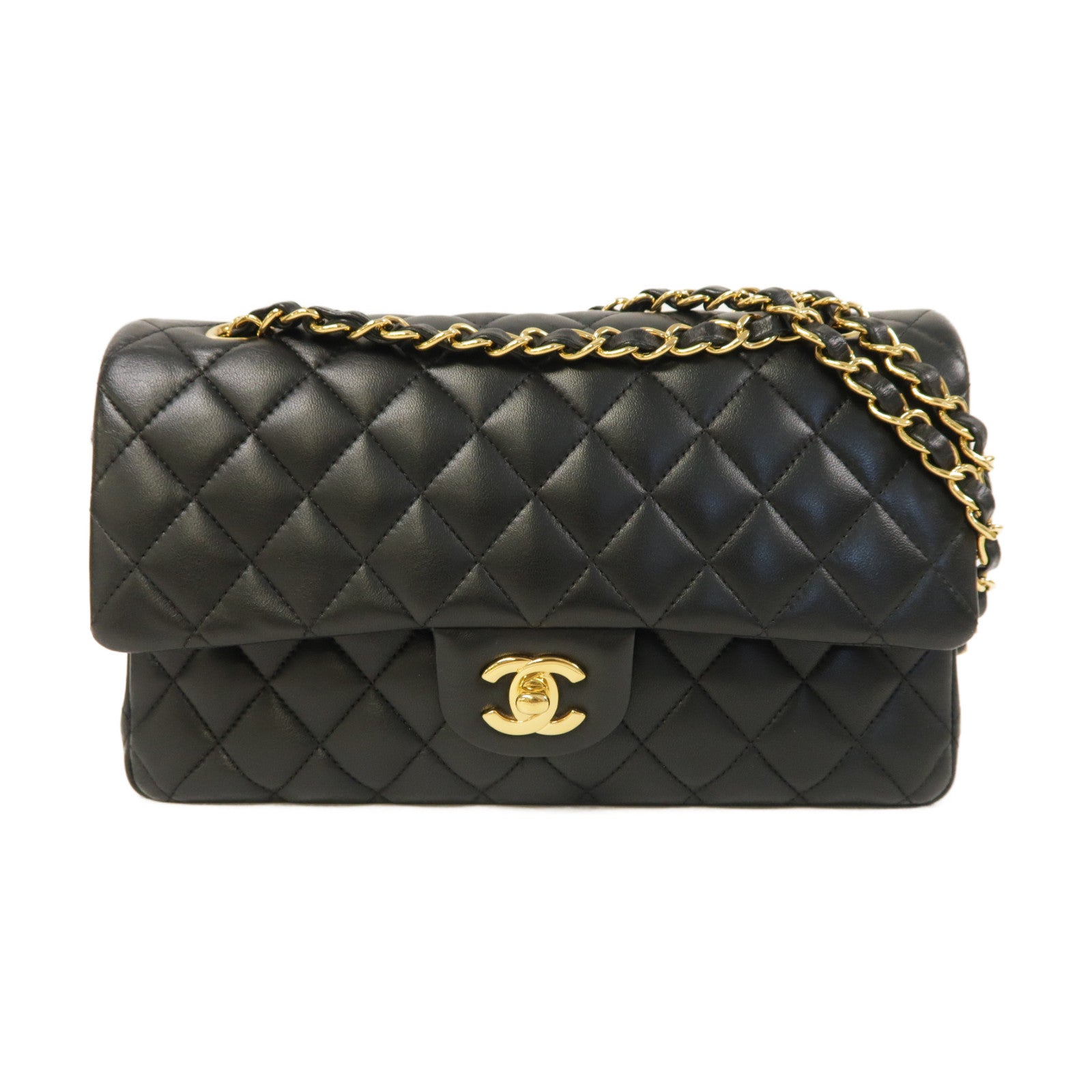 CHANEL 菱格羊皮皮革Classic 25金扣鏈帶肩背袋黑色