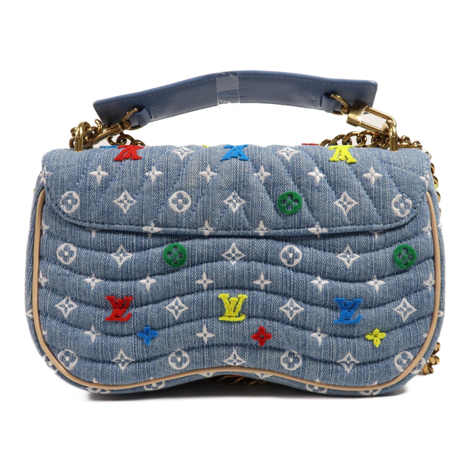 LOUIS VUITTON Monogram Embroidered Quilted Denim New Wave Chain Bag金扣手挽肩背兩用袋