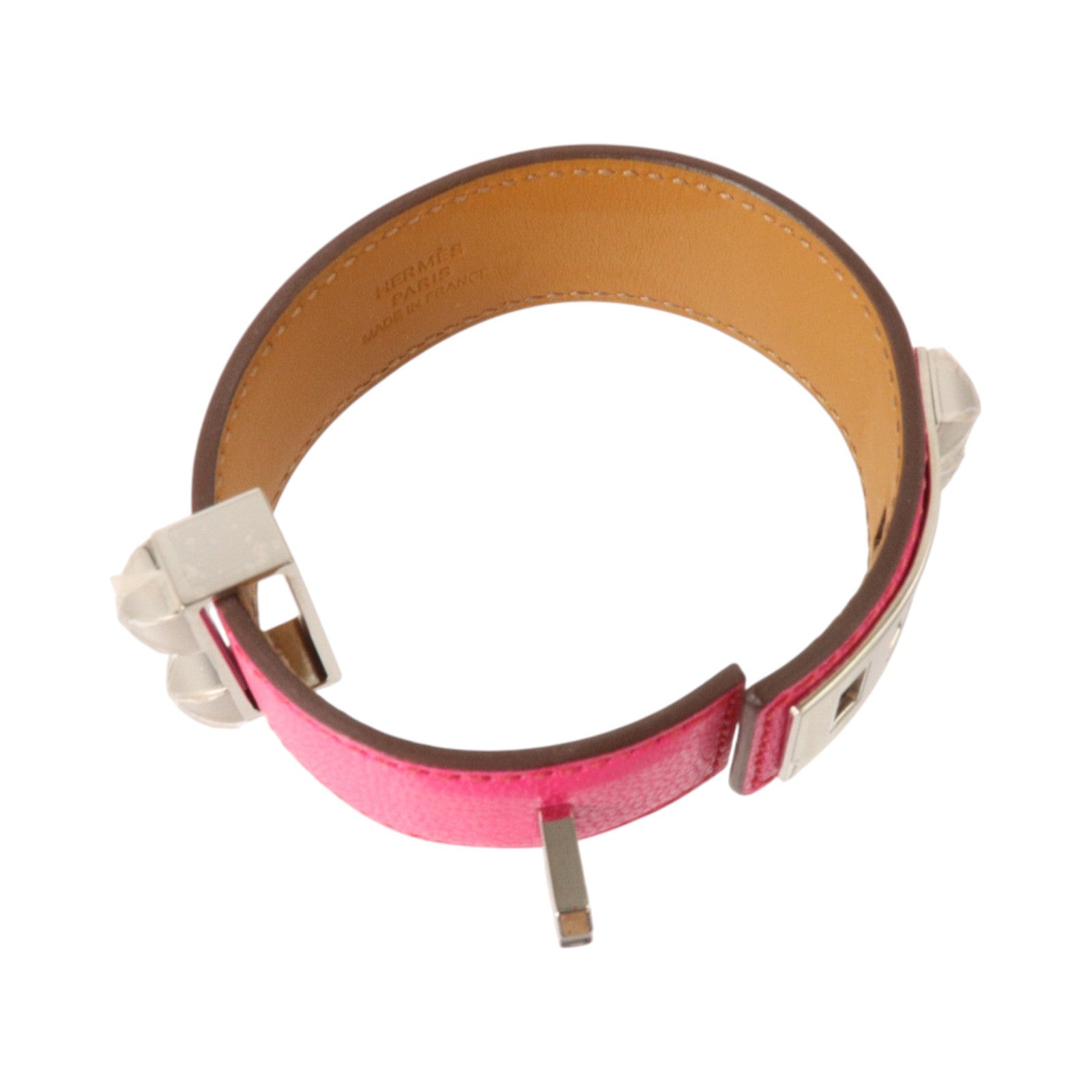 HERMES Chevre Chamkila皮革Collier De Chien 24 Bangle銀扣手鐲Rose Pop
