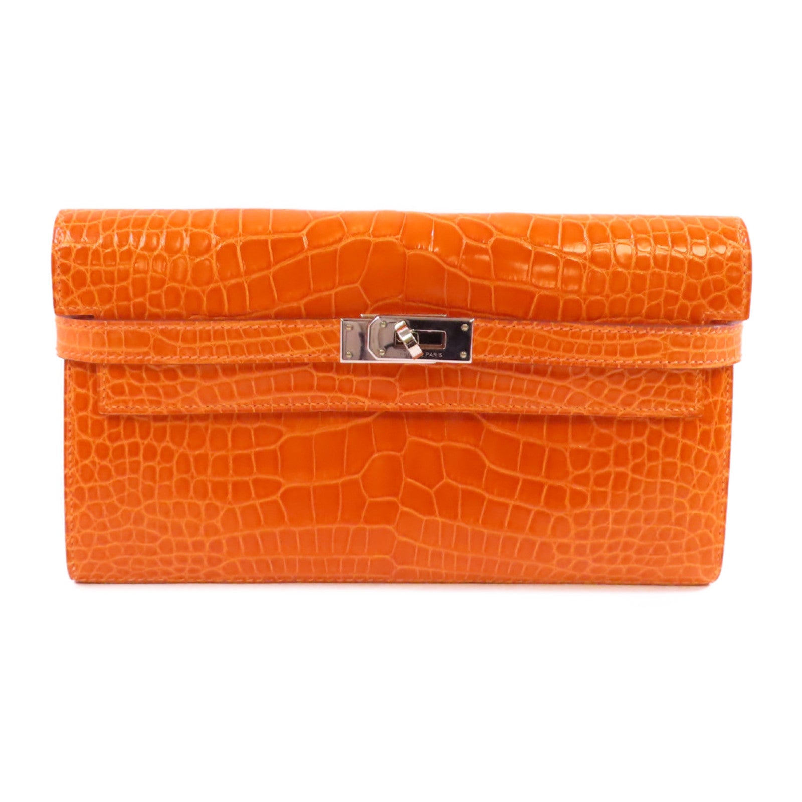 HERMES 鱷魚皮革Kelly Wallet銀扣長錢包93 Orange H/亮橙色