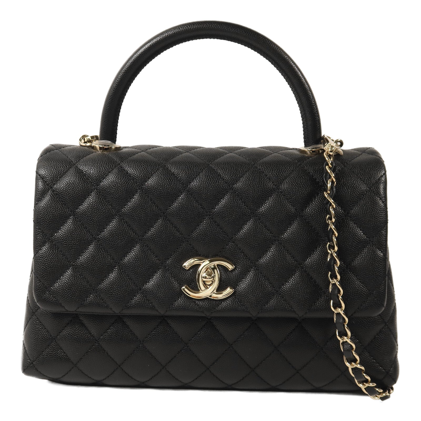 CHANEL 牛皮皮革Coco Handle Medium金扣鏈帶手挽肩背兩用袋