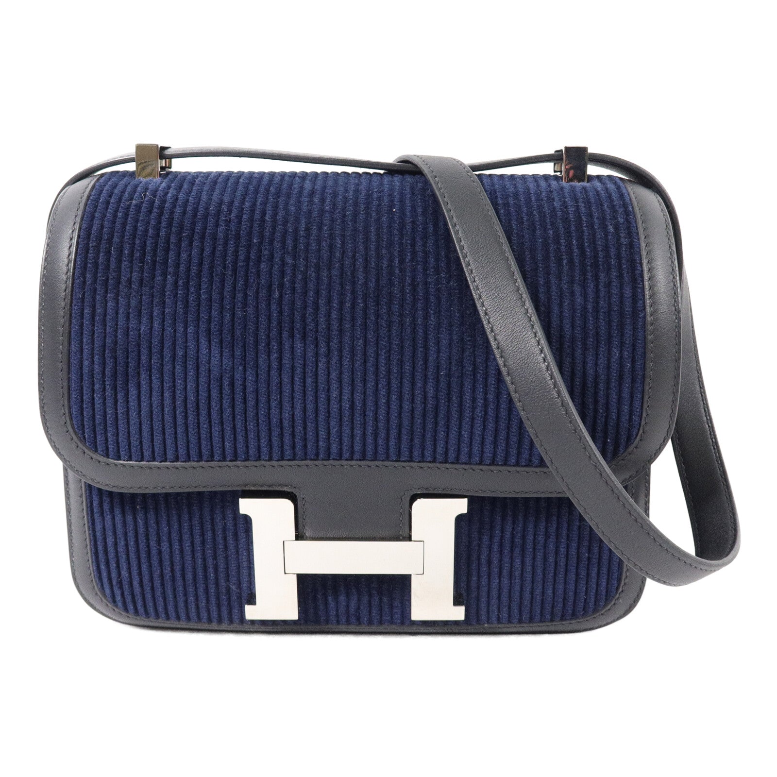 HERMES Velvet-Corduroy/Swif皮革Constance 24肩背袋Bleu Marine/Noir