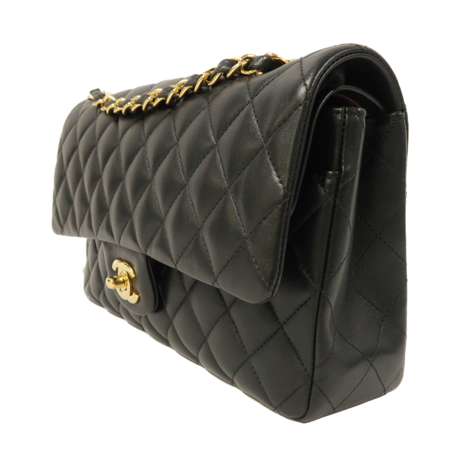 CHANEL 菱格羊皮皮革Classic 25金扣鏈帶肩背袋黑色