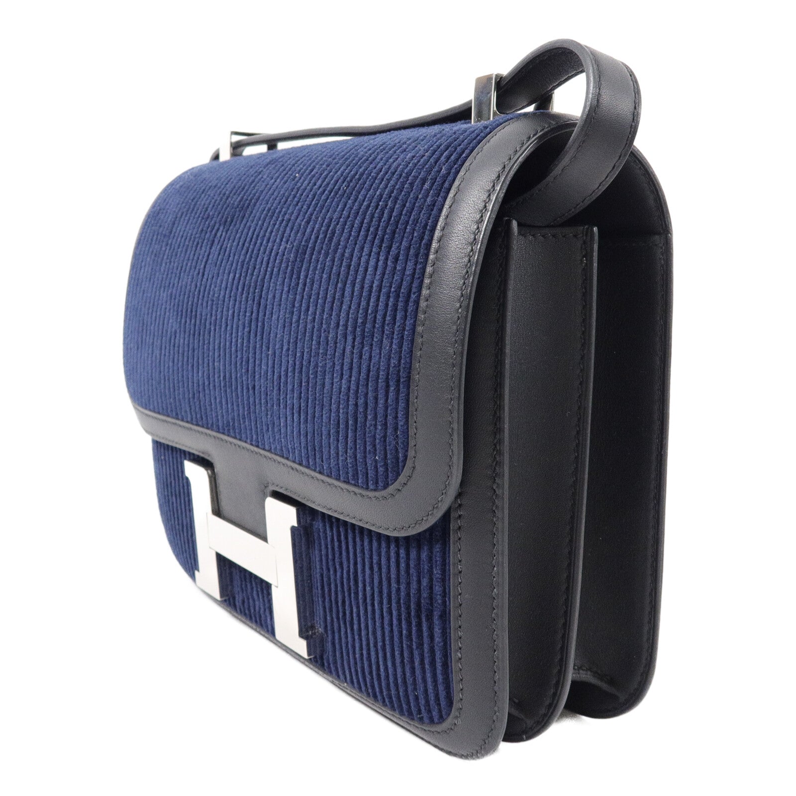 HERMES Velvet-Corduroy/Swif皮革Constance 24肩背袋Bleu Marine/Noir