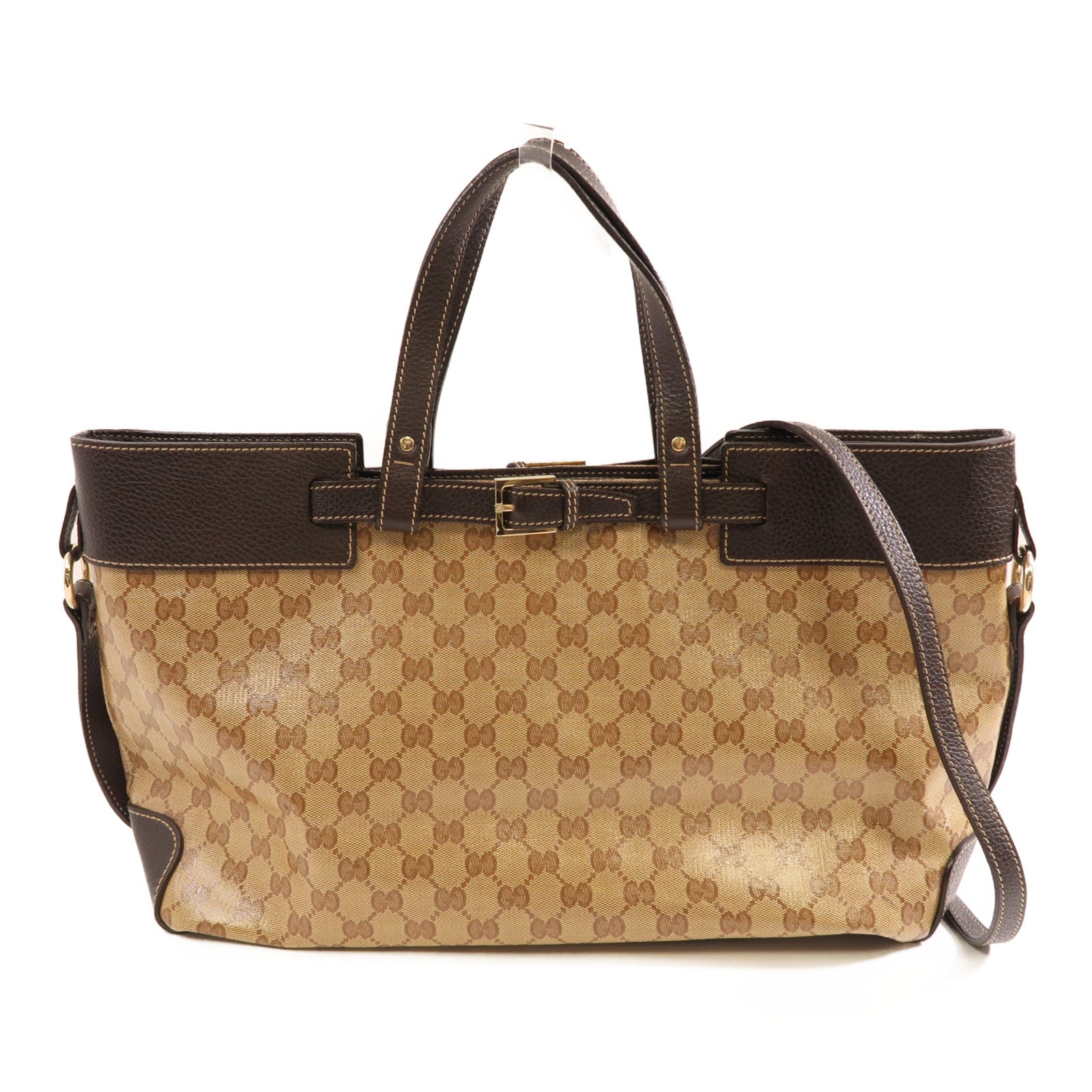 GUCCI 塗層帆布/皮革Tote Bag銀扣手挽肩背兩用袋