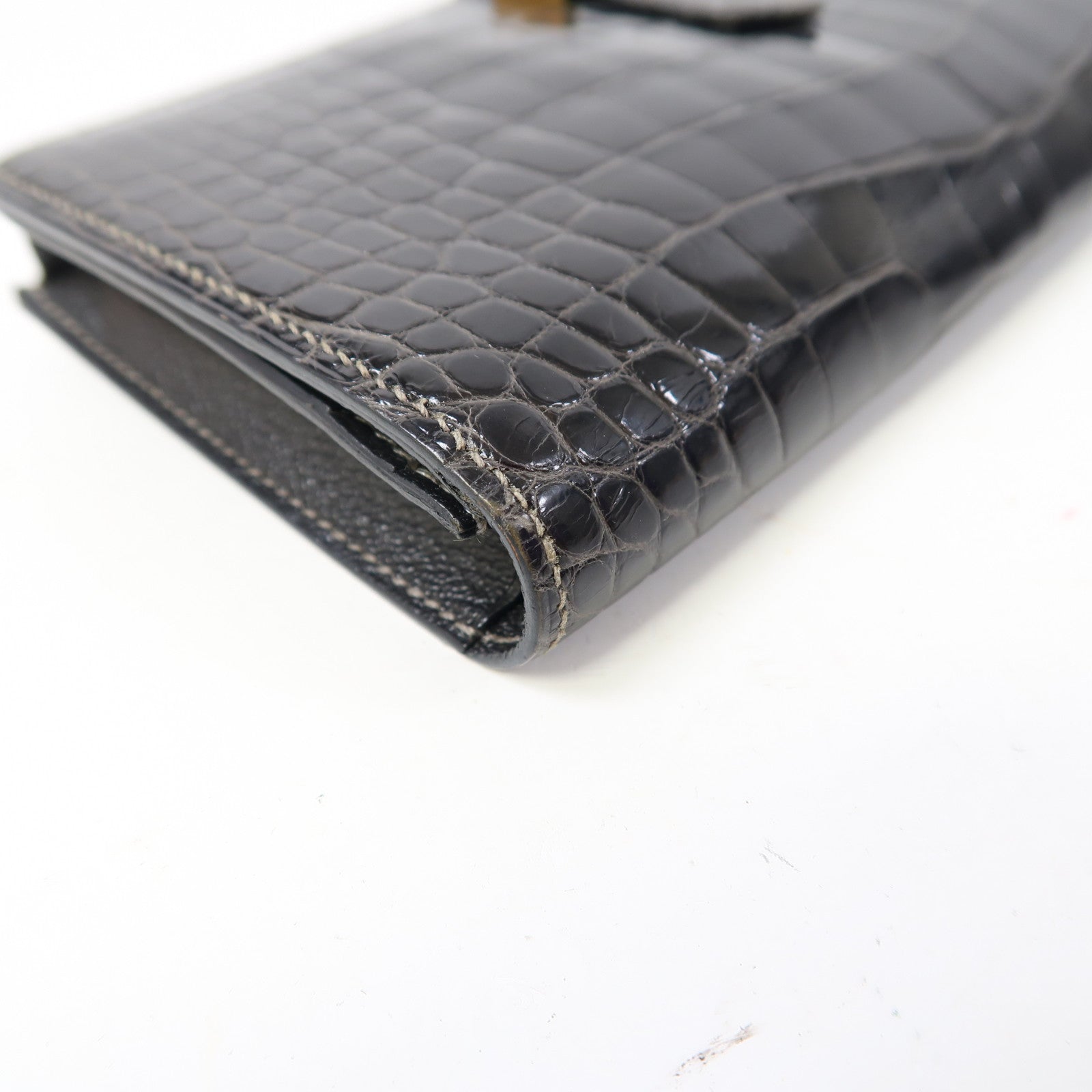 HERMES 鱷魚皮革Bearn Long Wallet金扣長錢包黑色