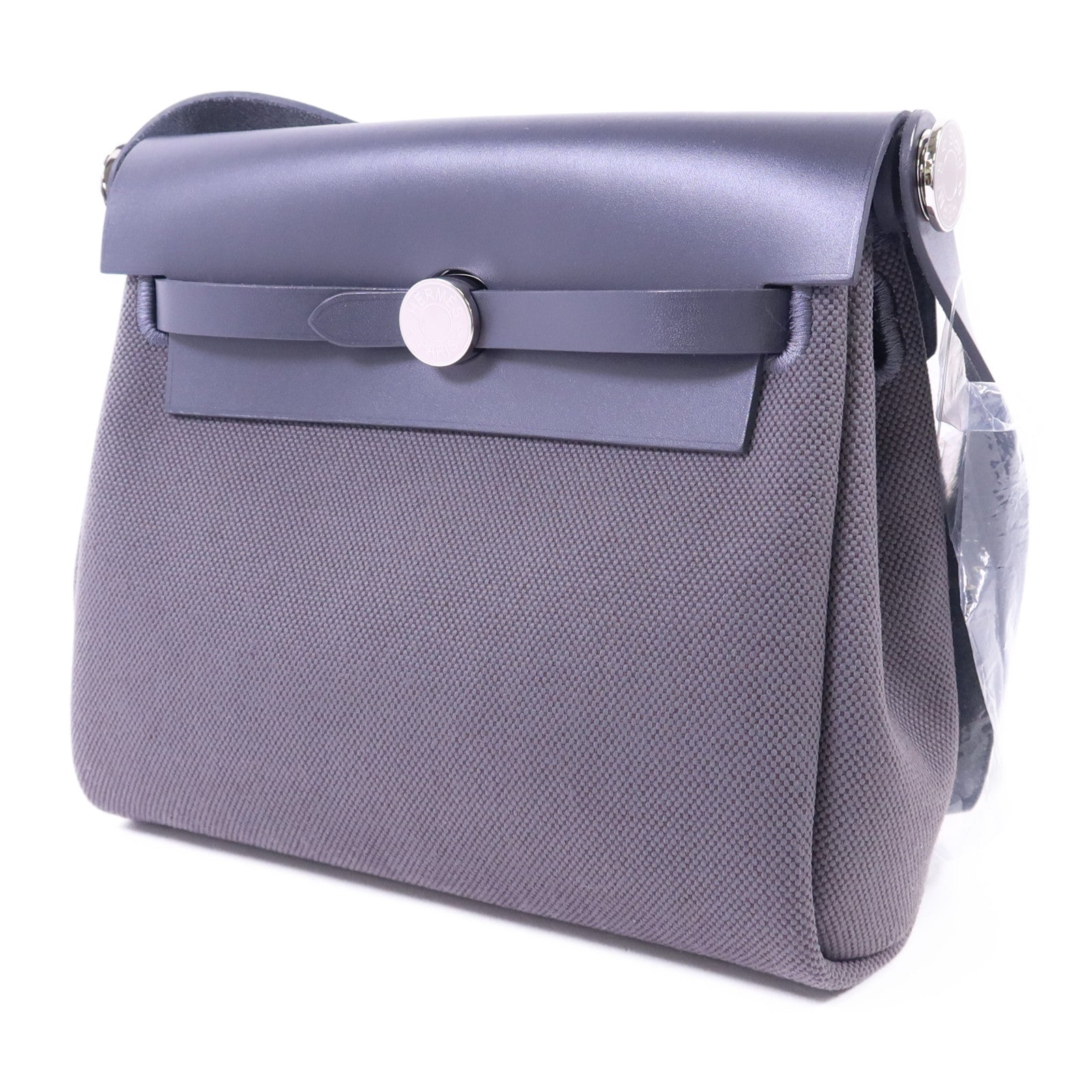 HERMES Toile H帆布Mini Herbag銀扣肩背袋Ardoise