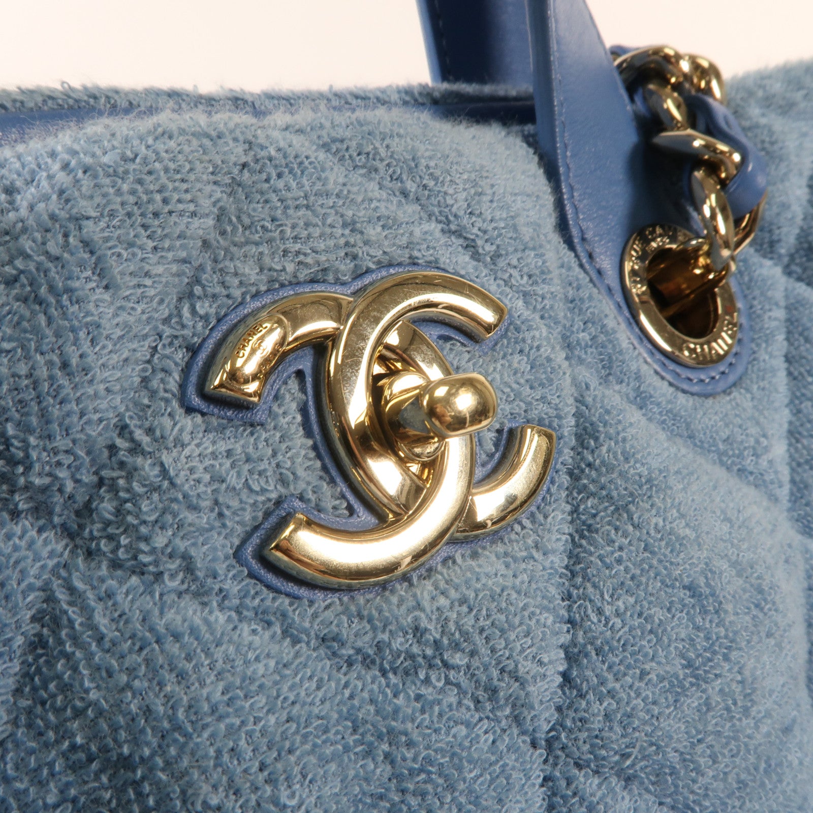 CHANEL 帆布Chain Shoulder金扣鏈帶手挽肩背兩用袋