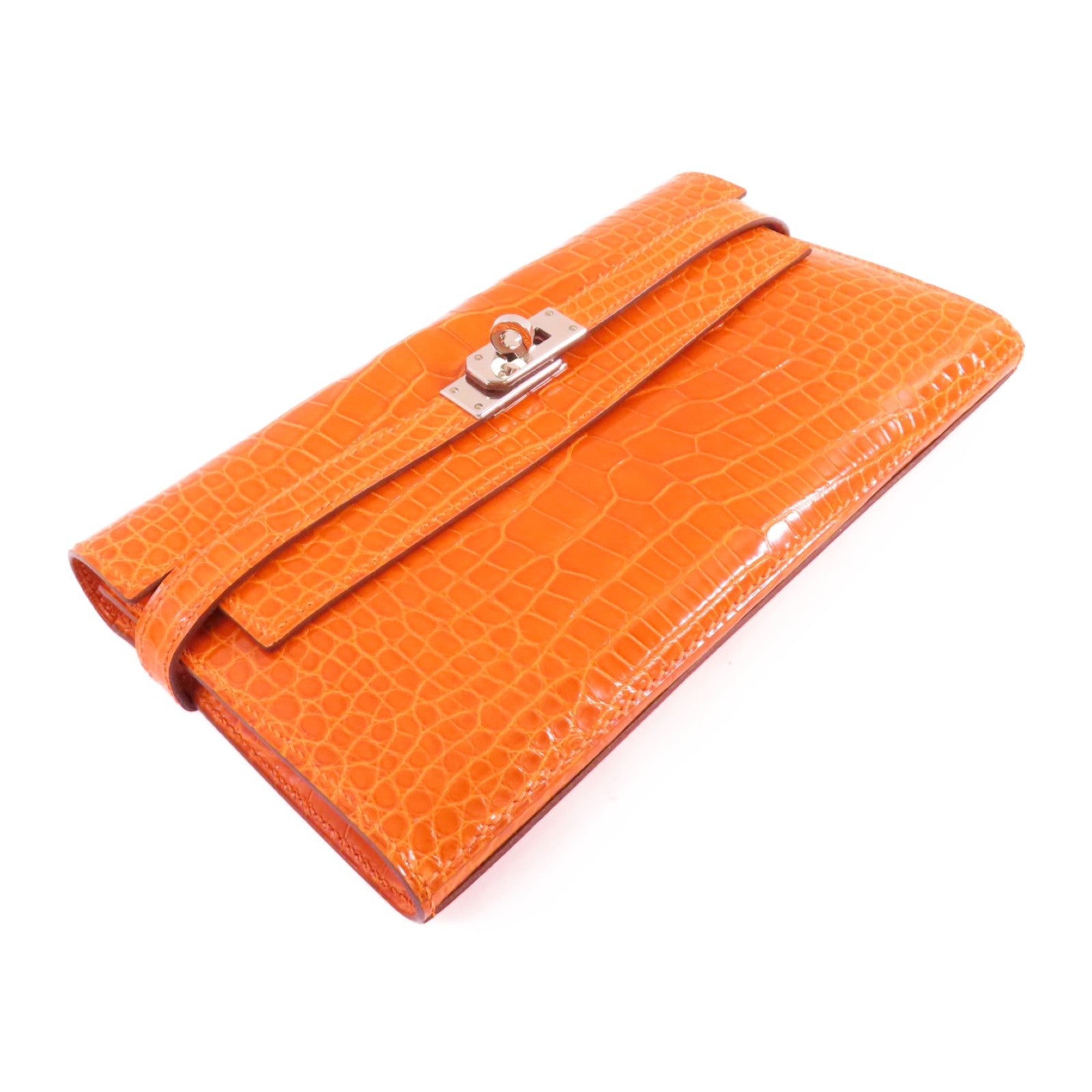 HERMES 鱷魚皮革Kelly Wallet銀扣長錢包93 Orange H/亮橙色