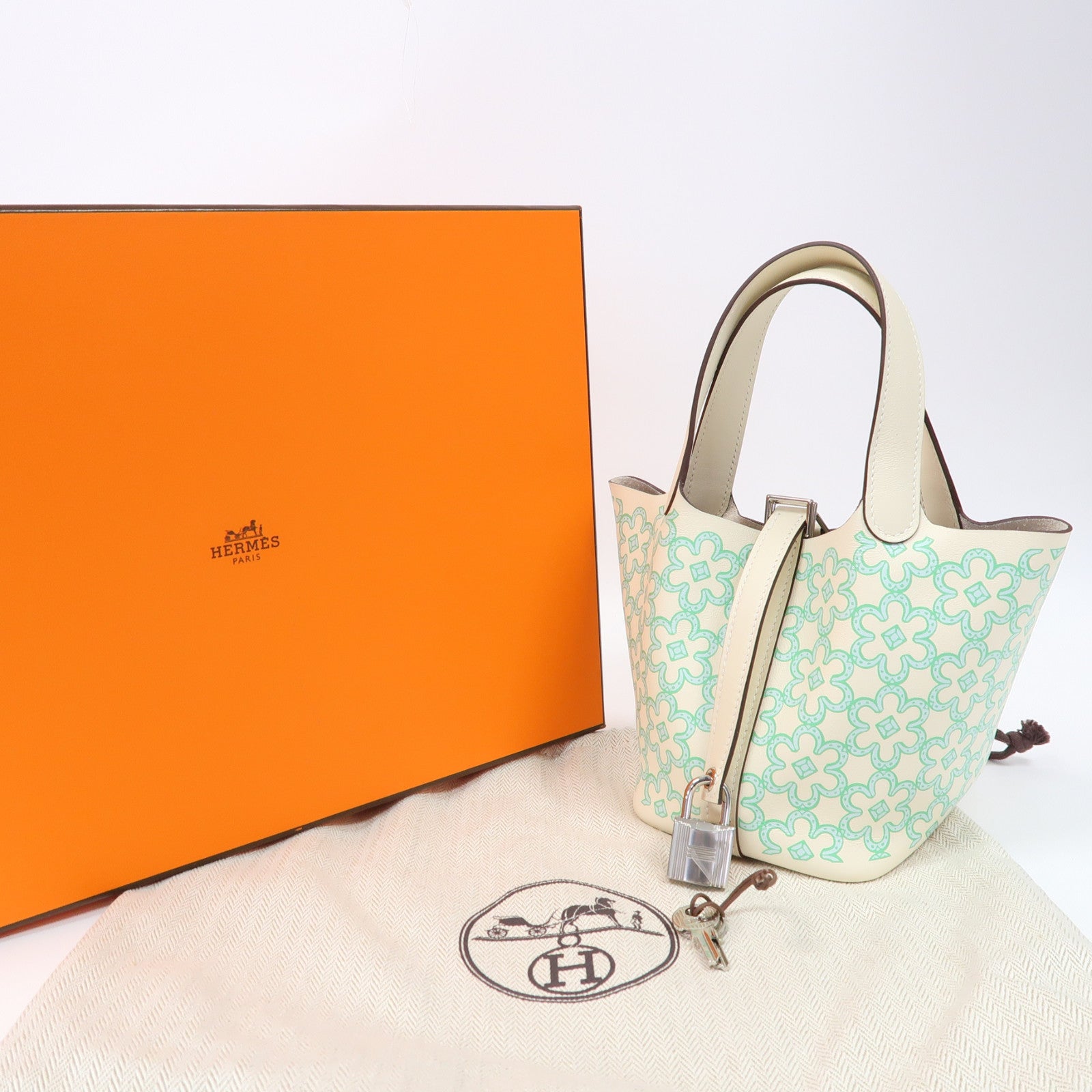 HERMES Swift皮革Picotin Micro Bag銀扣手挽袋奶油白色