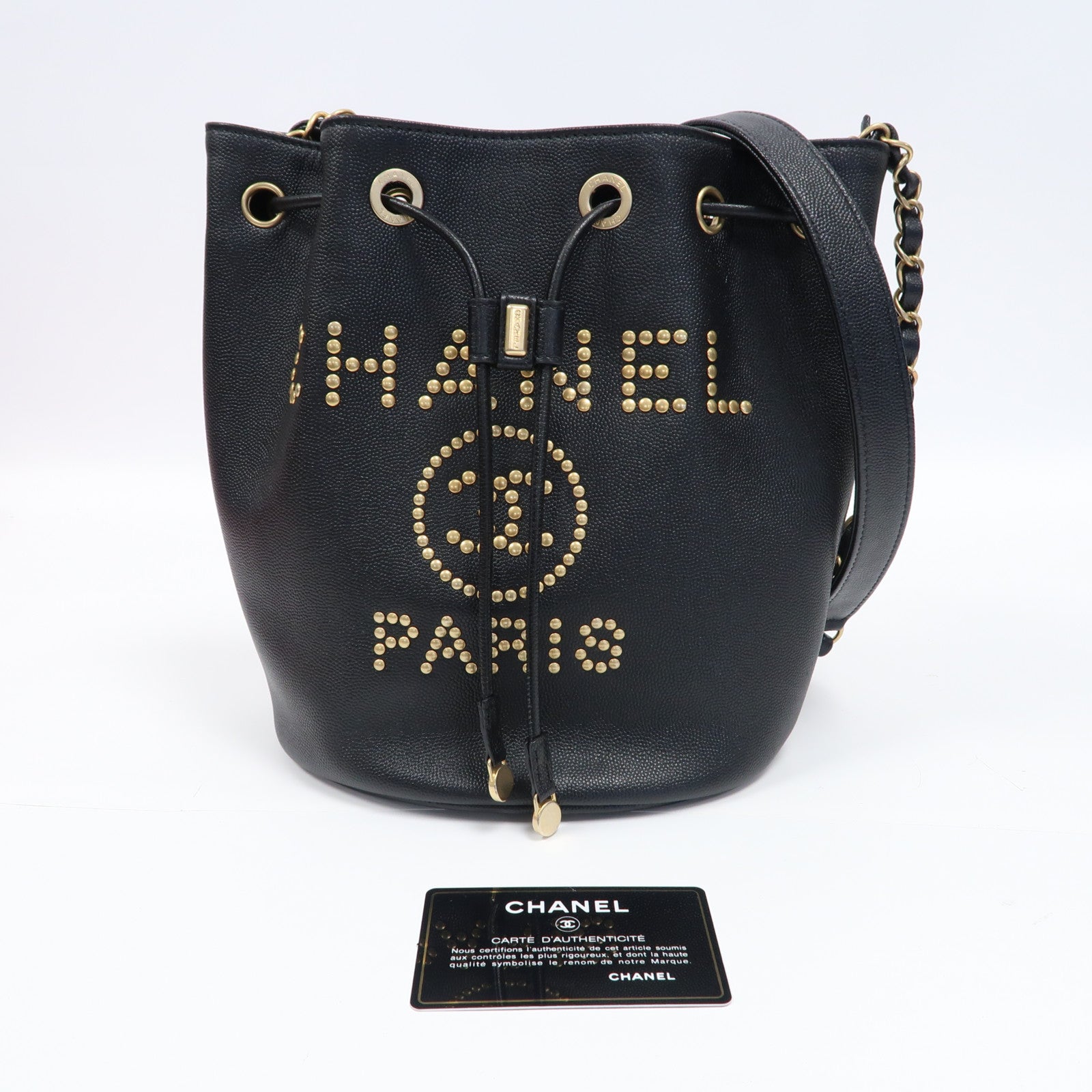 CHANEL 【激減優惠】Caviar皮革Deauville Drawstring Bucket鏈帶手挽袋黑色