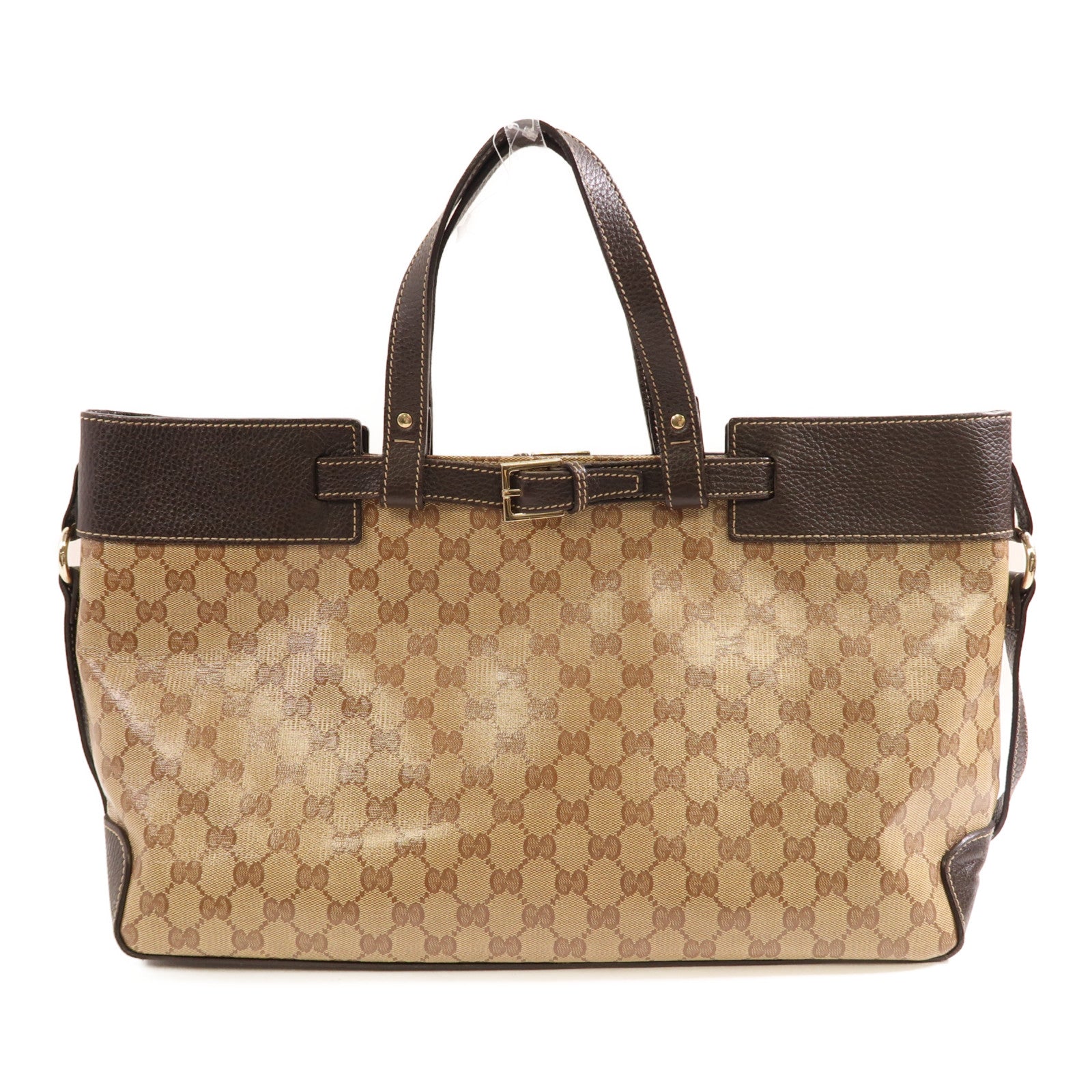 GUCCI 塗層帆布/皮革Tote Bag銀扣手挽肩背兩用袋