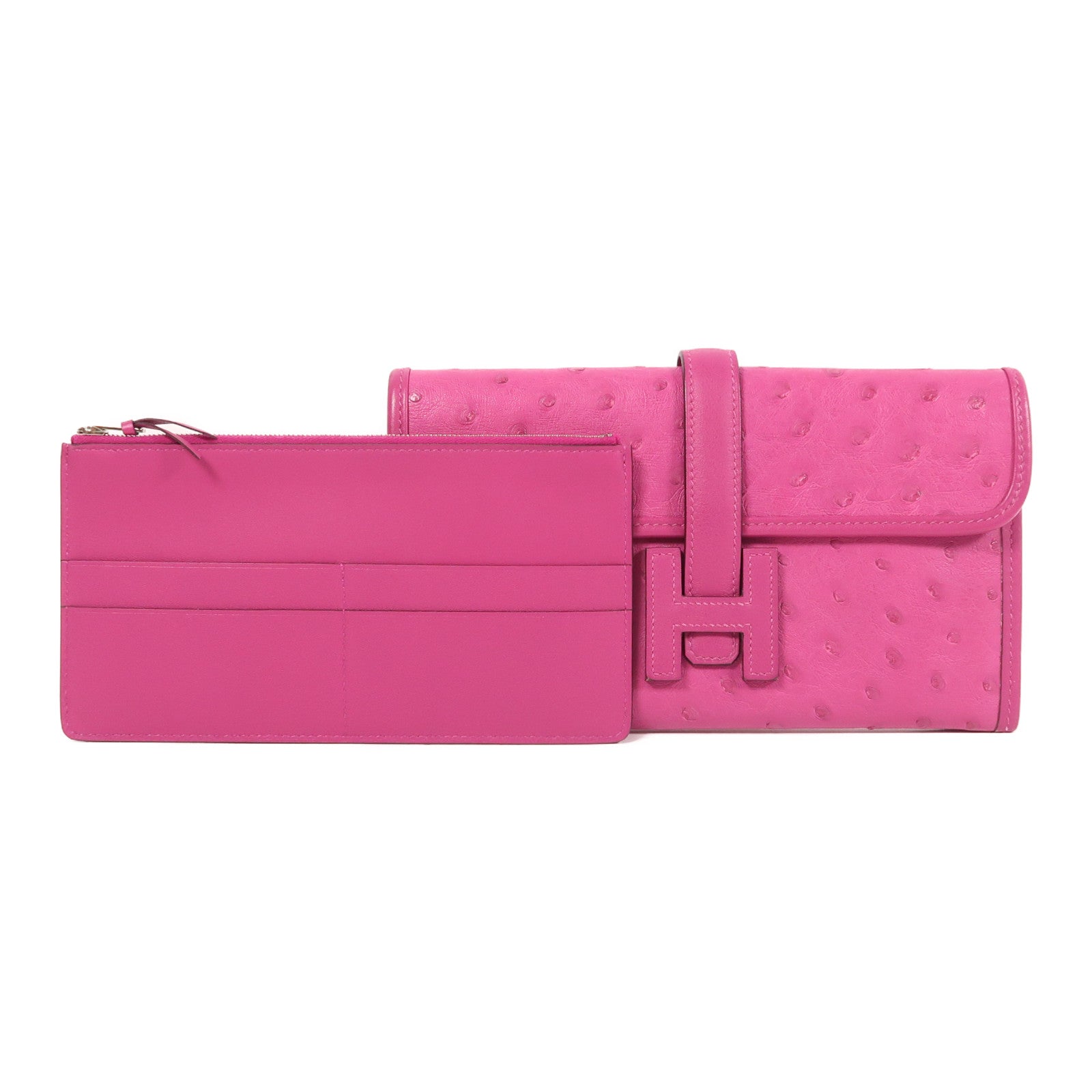 HERMES 【激減優惠】鴕鳥皮革Jige Duo長錢包Rose Pourpre
