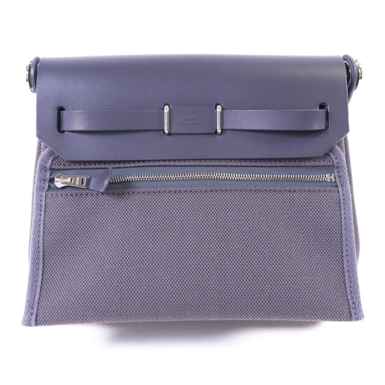 HERMES Toile H帆布Mini Herbag銀扣肩背袋Ardoise