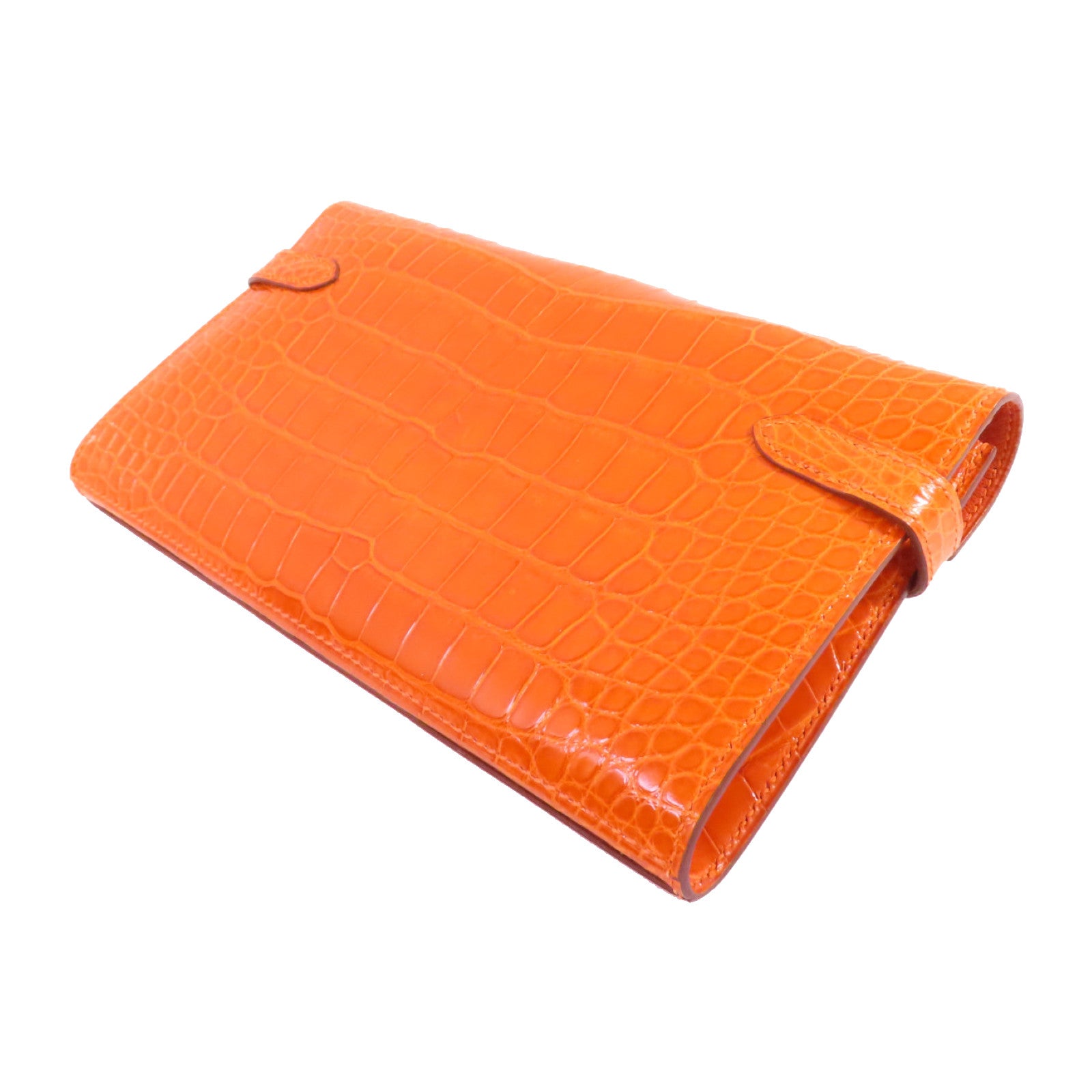 HERMES 鱷魚皮革Kelly Wallet銀扣長錢包93 Orange H/亮橙色