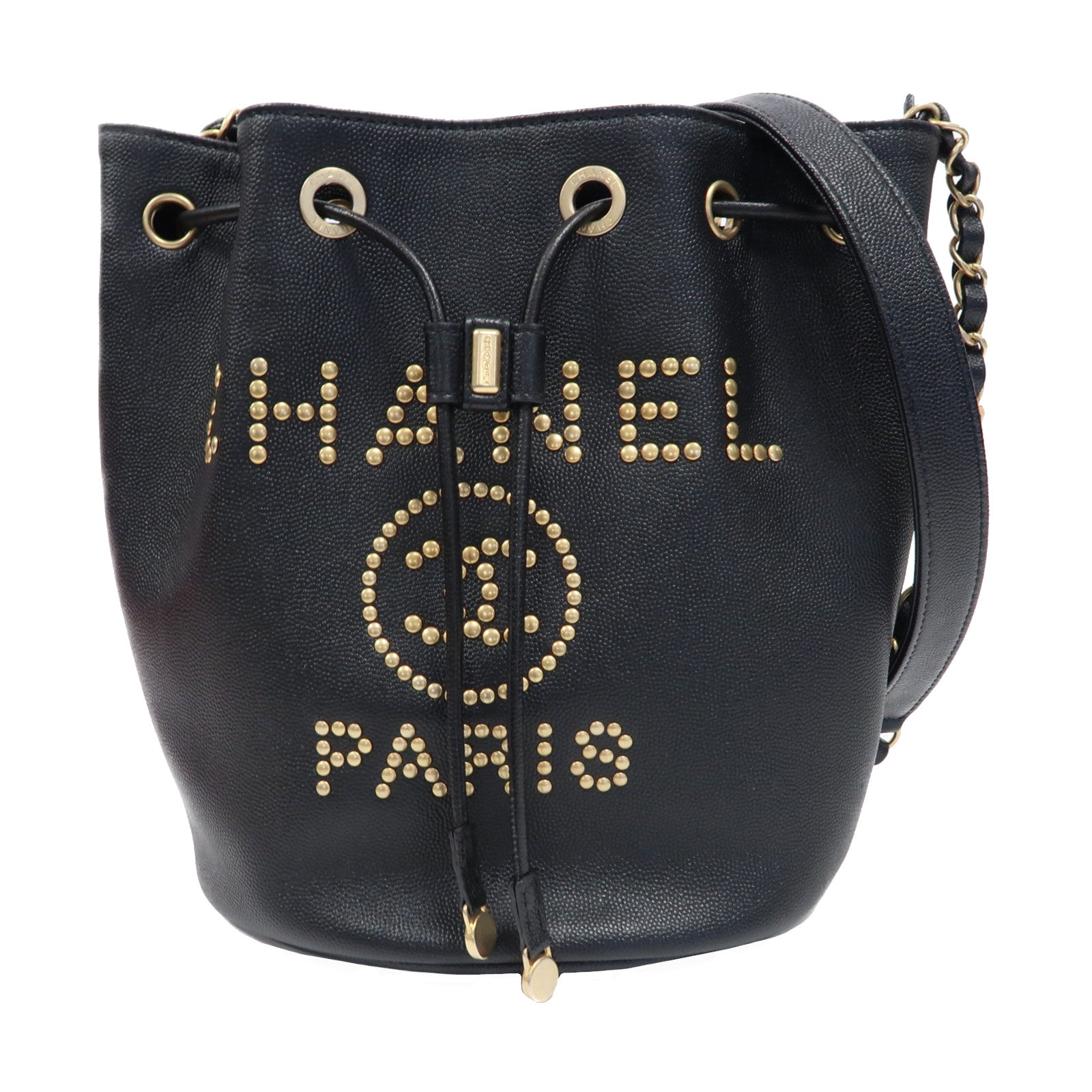 CHANEL 【激減優惠】Caviar皮革Deauville Drawstring Bucket鏈帶手挽袋黑色