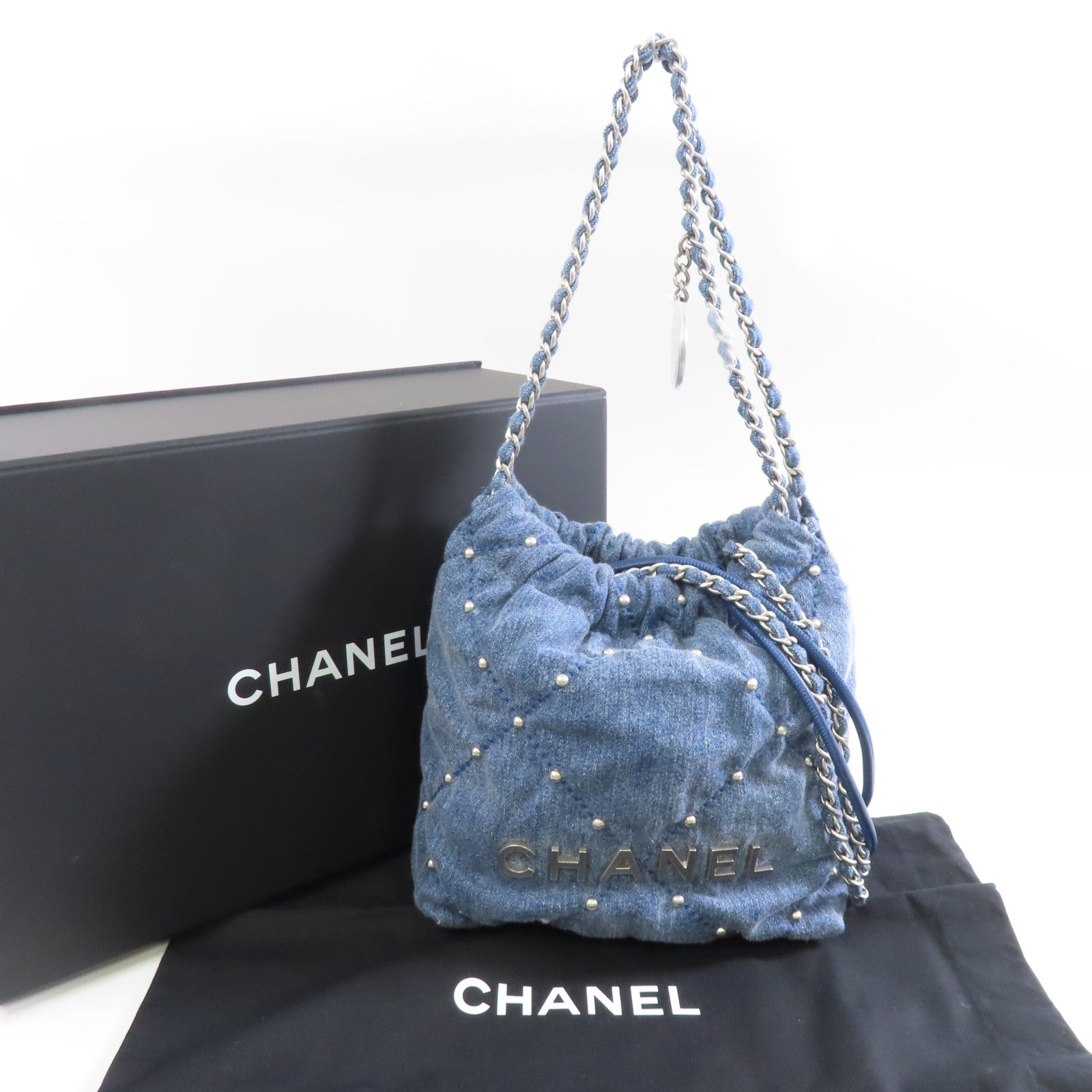 CHANEL 菱格牛仔布Chanel 22 Mini銀扣手挽肩背兩用袋藍色