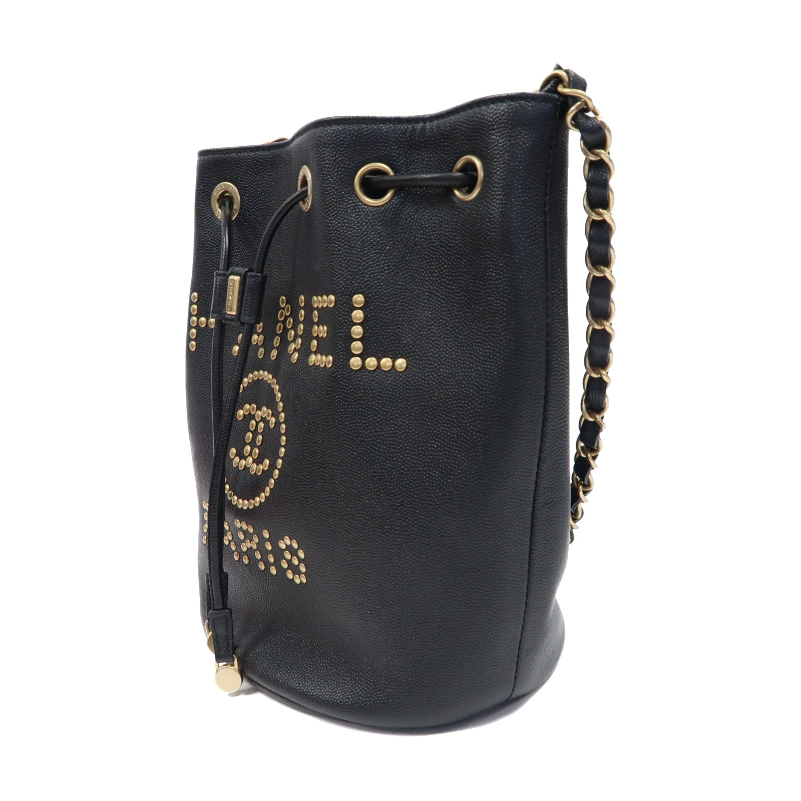 CHANEL 【激減優惠】Caviar皮革Deauville Drawstring Bucket鏈帶手挽袋黑色