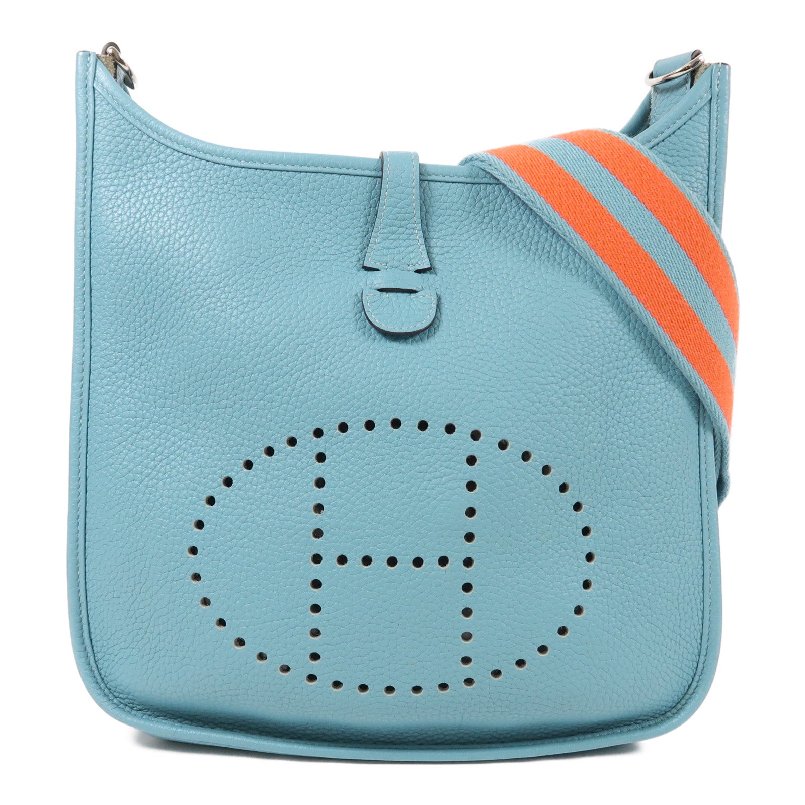 HERMES Clemence皮革Evelyne PM銀扣肩背袋Bleu Saint Cyr