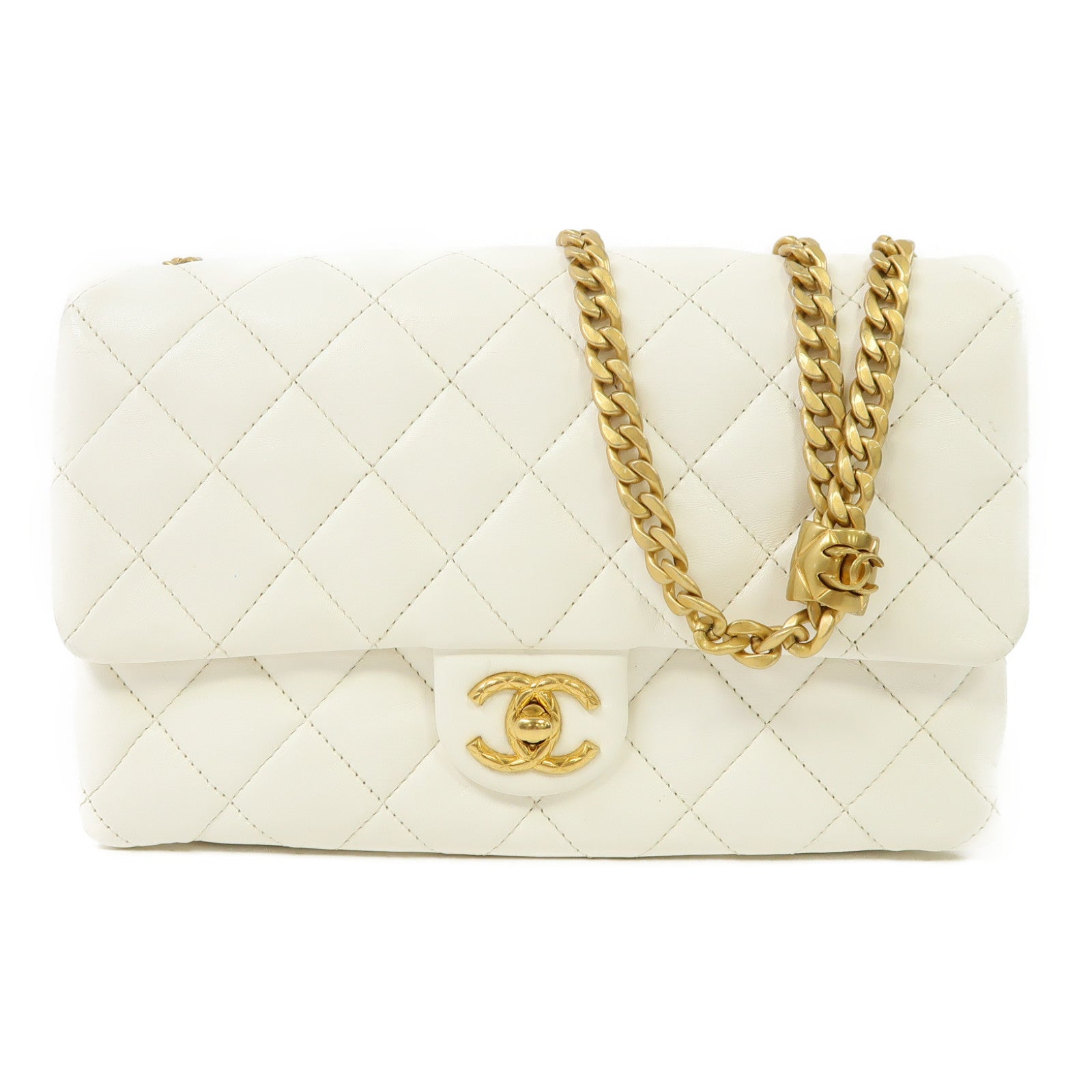 CHANEL 菱格皮革Chain Shoulder金扣鏈帶肩背袋白色