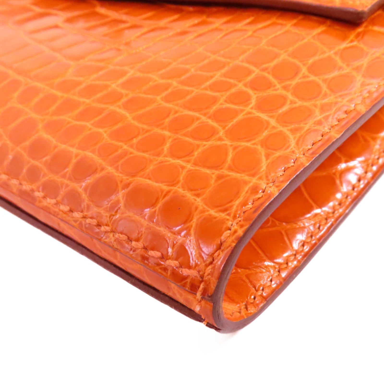 HERMES 鱷魚皮革Kelly Wallet銀扣長錢包93 Orange H/亮橙色