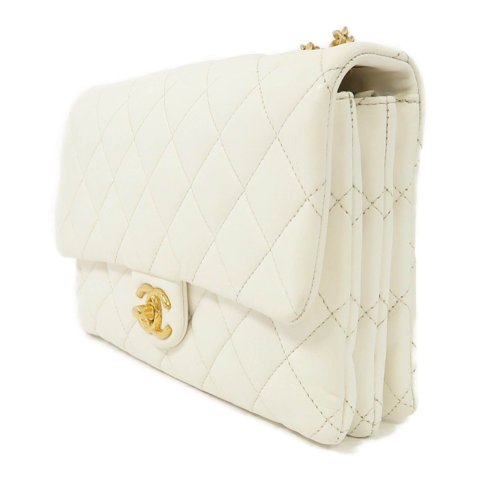 CHANEL 菱格皮革Chain Shoulder金扣鏈帶肩背袋白色