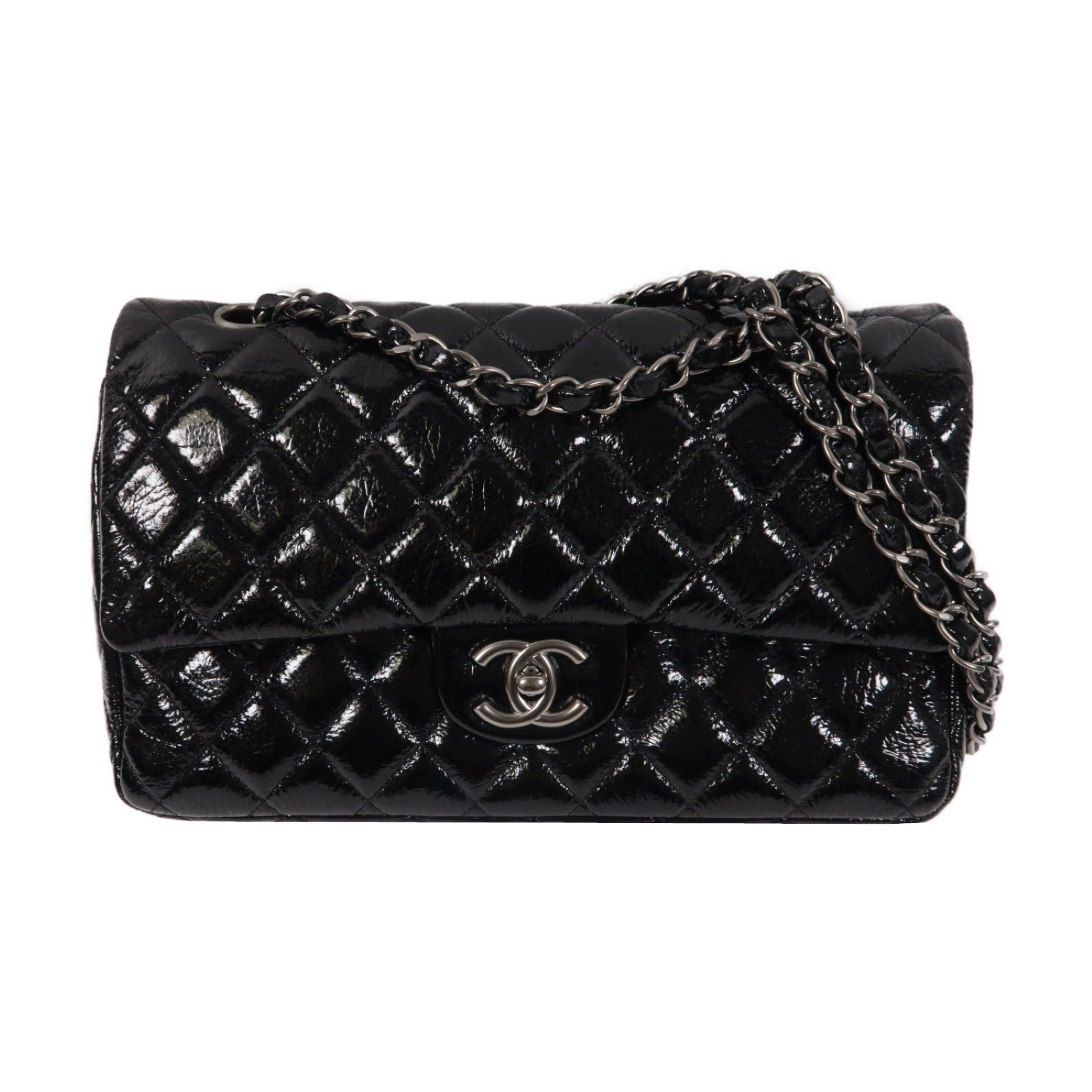 CHANEL 菱格漆皮皮革Classic銀扣肩背袋黑色