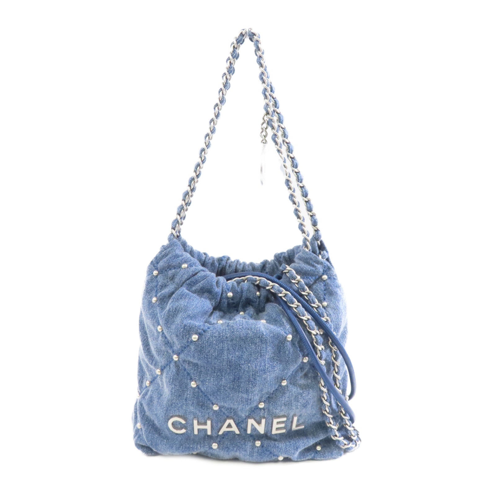 CHANEL 菱格牛仔布Chanel 22 Mini銀扣手挽肩背兩用袋藍色