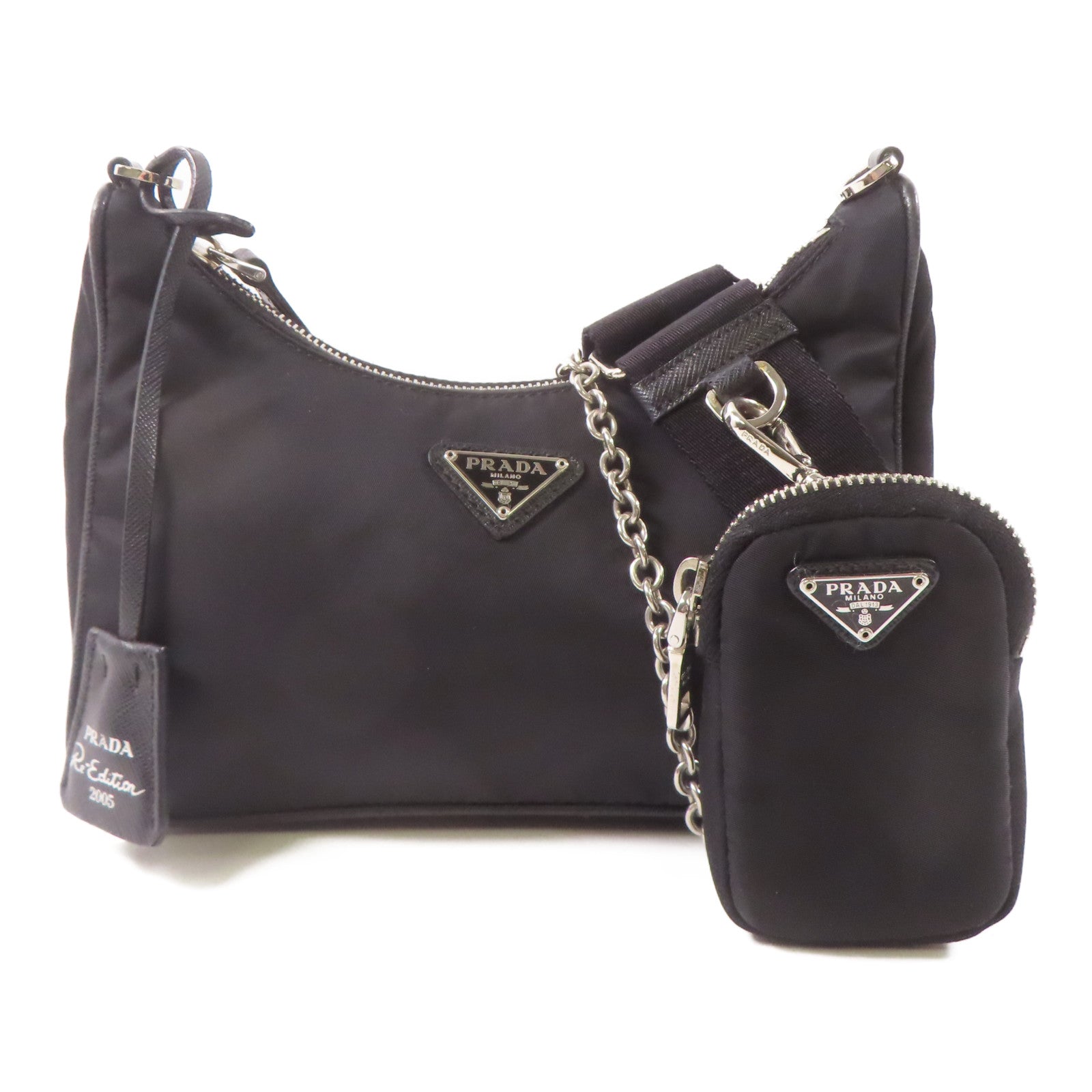 PRADA 尼龍Re-Edition 2005銀扣手挽肩背兩用袋黑色