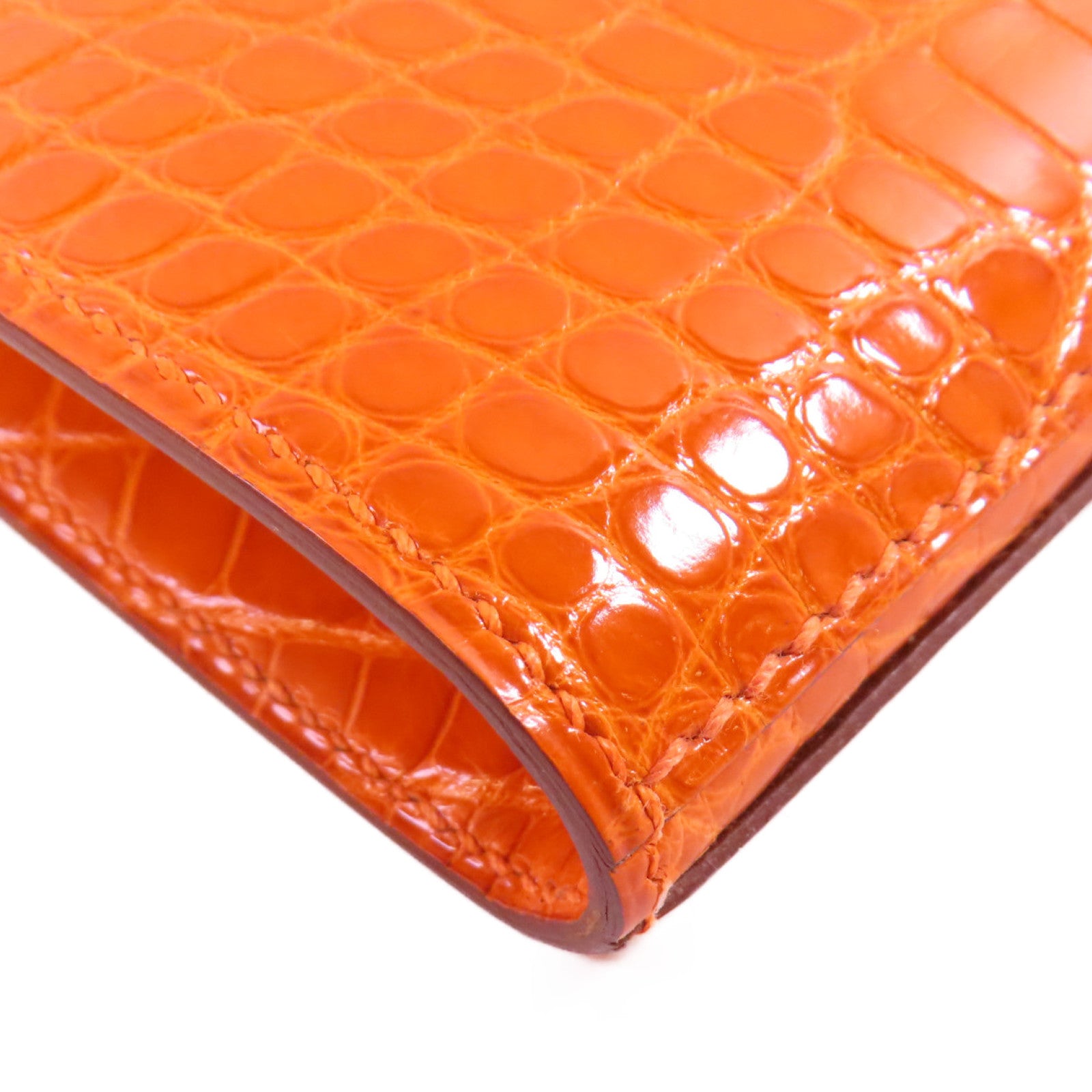 HERMES 鱷魚皮革Kelly Wallet銀扣長錢包93 Orange H/亮橙色