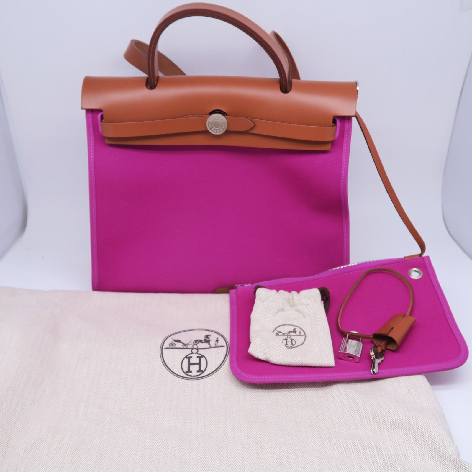 HERMES 【激減優惠】帆布Herbag PM銀扣鏈帶肩背袋紫色