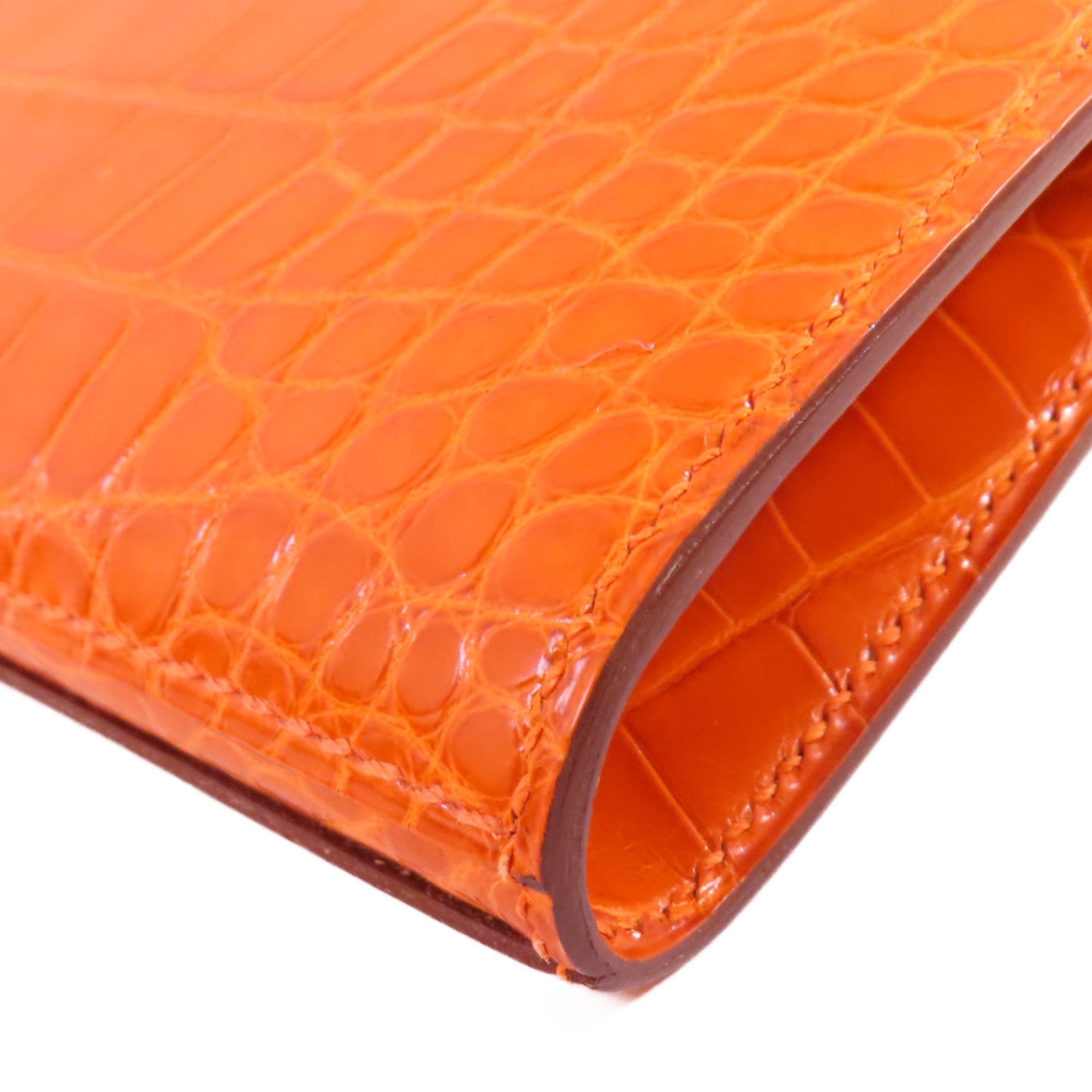 HERMES 鱷魚皮革Kelly Wallet銀扣長錢包93 Orange H/亮橙色