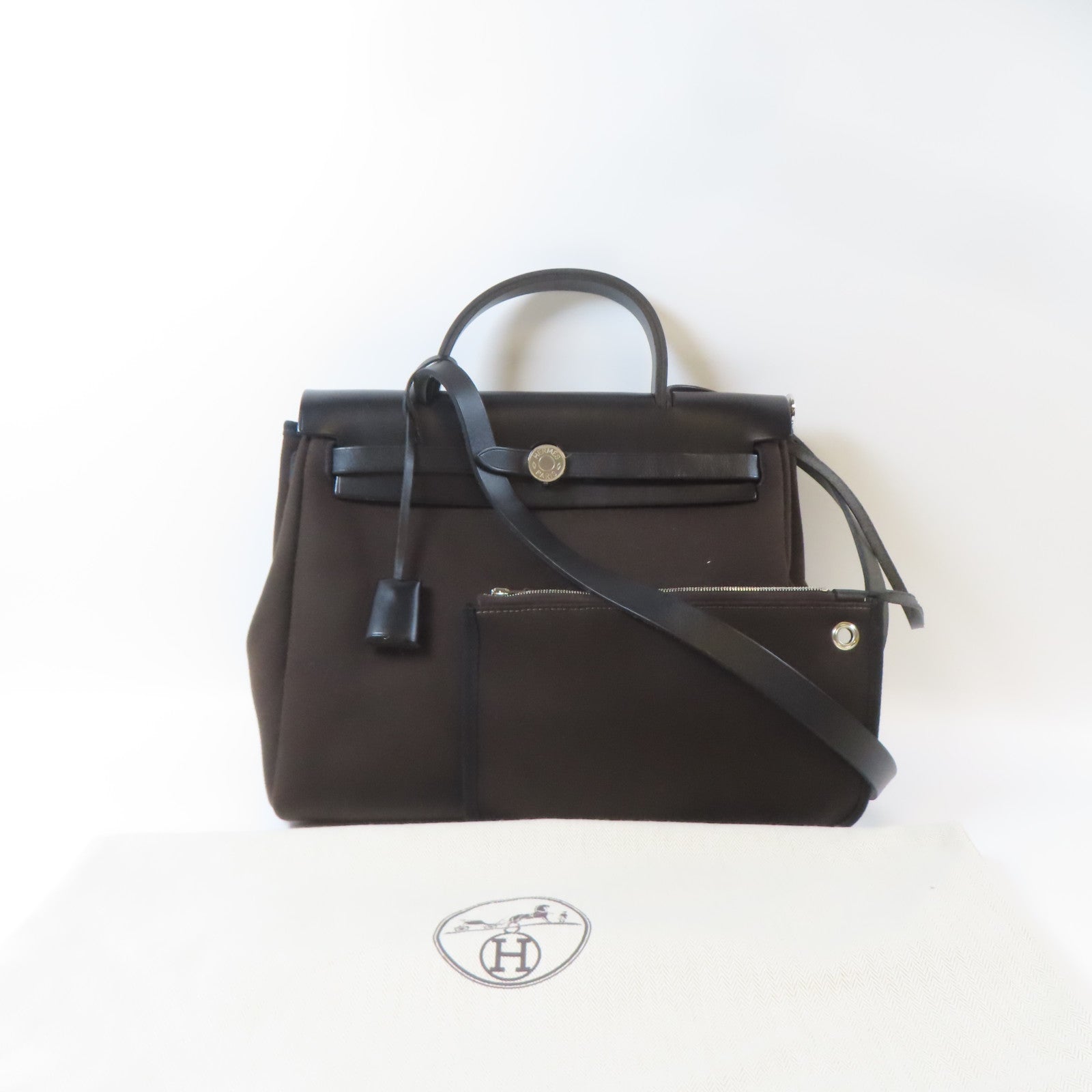 HERMES 帆布/Chevre皮革Herbag PM銀扣手挽肩背兩用袋Bruna/啡色