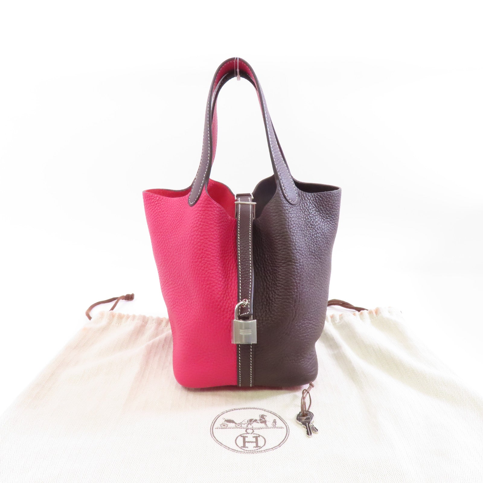 HERMES 【激減優惠】Clemence皮革Picotin PM銀扣手挽袋Rouge Sellier/Franboise粉色/啡色