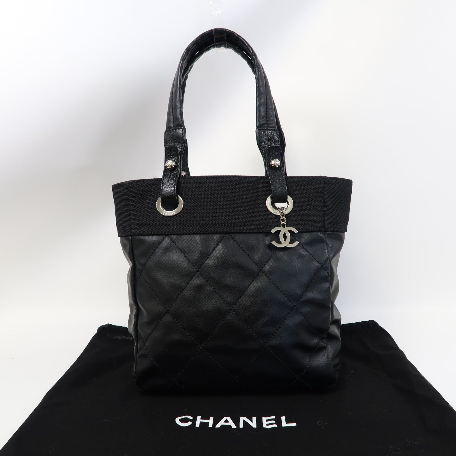 CHANEL 菱格牛皮皮革Handbag銀扣手挽袋黑色