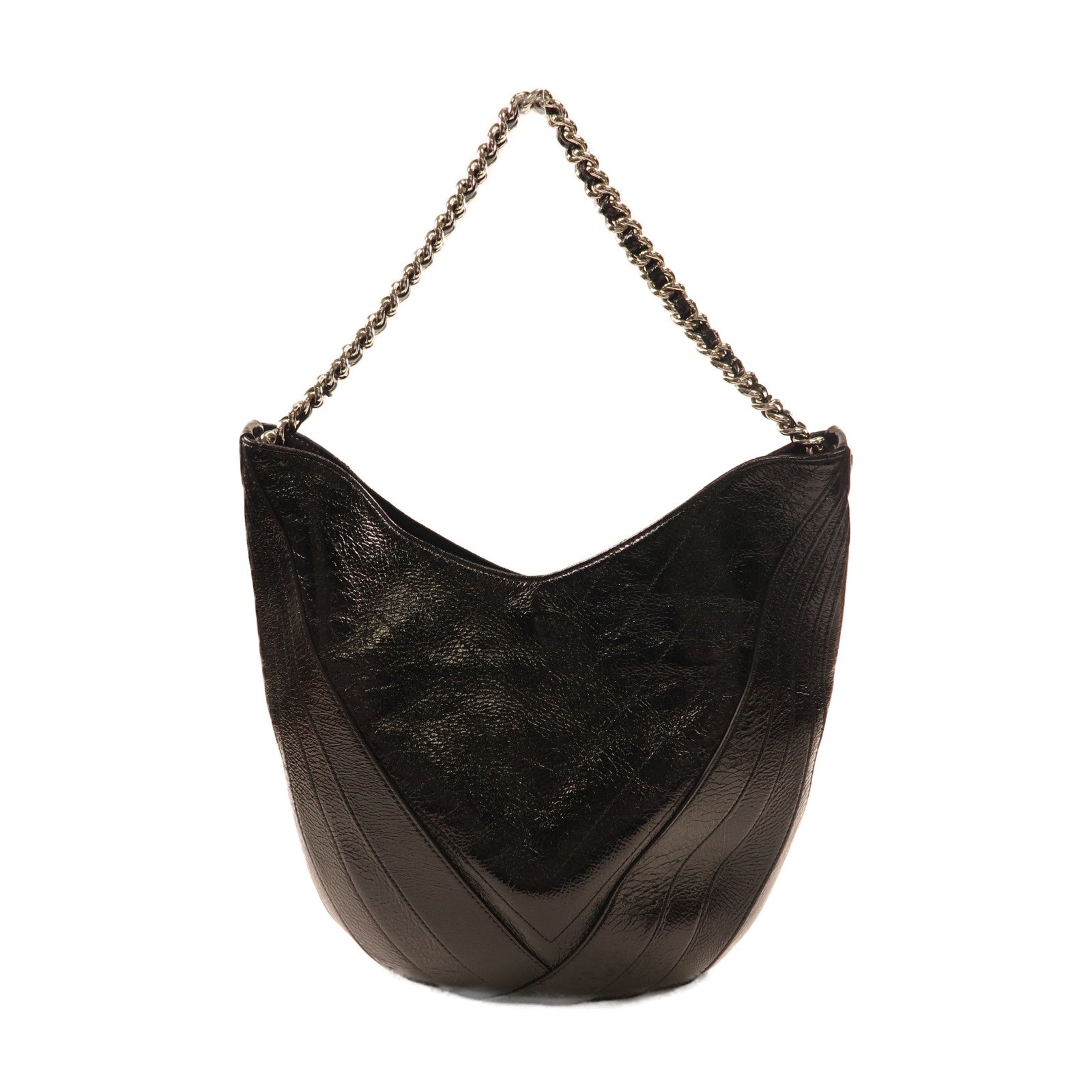 CHANEL 牛皮皮革Totebag銀扣鏈帶肩背袋黑色