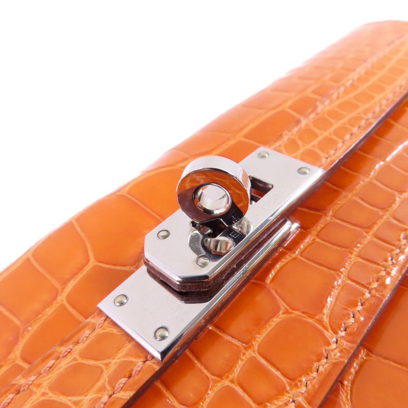 HERMES 鱷魚皮革Kelly Wallet銀扣長錢包93 Orange H/亮橙色