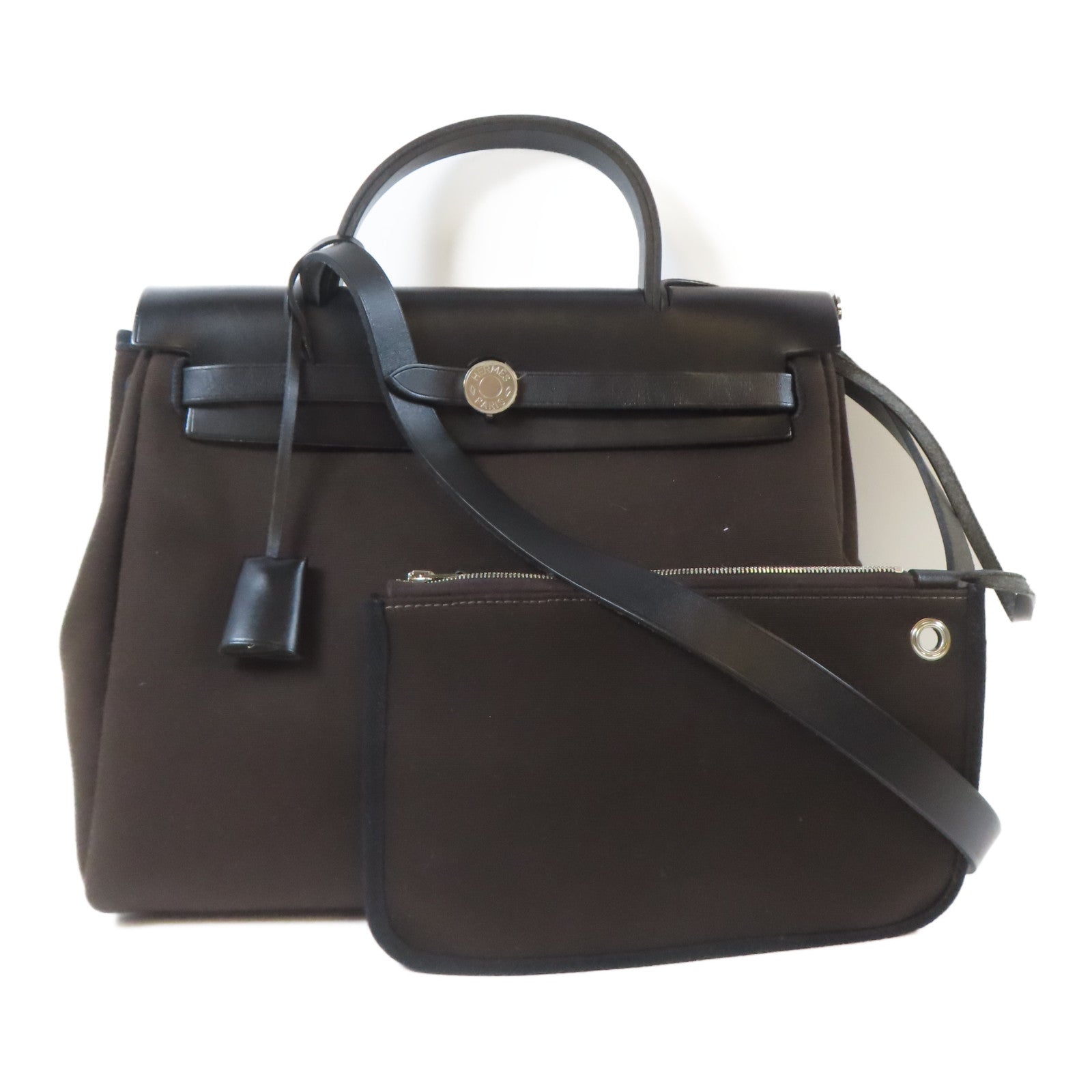 HERMES 帆布/Chevre皮革Herbag PM銀扣手挽肩背兩用袋Bruna/啡色