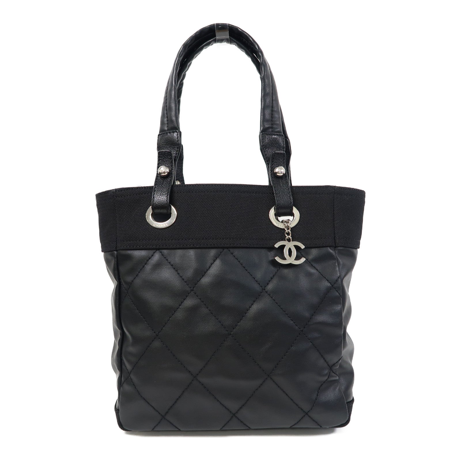 CHANEL 菱格牛皮皮革Handbag銀扣手挽袋黑色