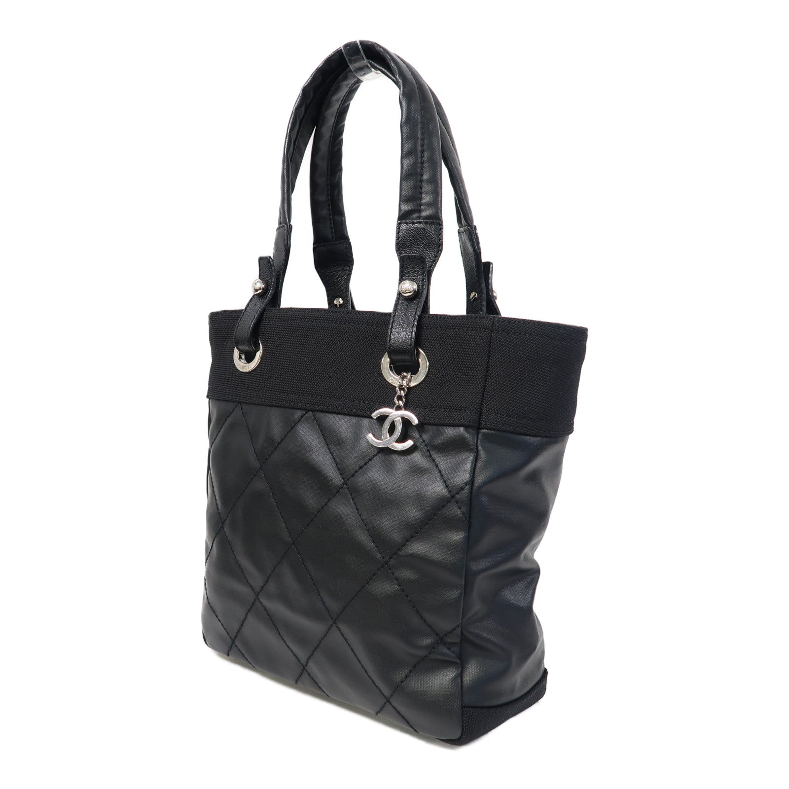 CHANEL 菱格牛皮皮革Handbag銀扣手挽袋黑色