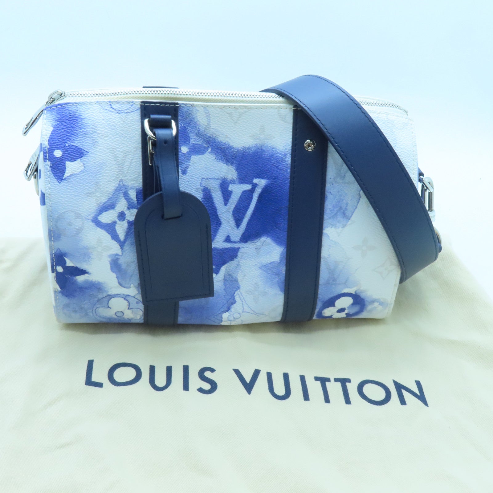 LOUIS VUITTON 【激減優惠】Monogram Watercolor Blue City Keepall銀扣肩背袋白色/藍色
