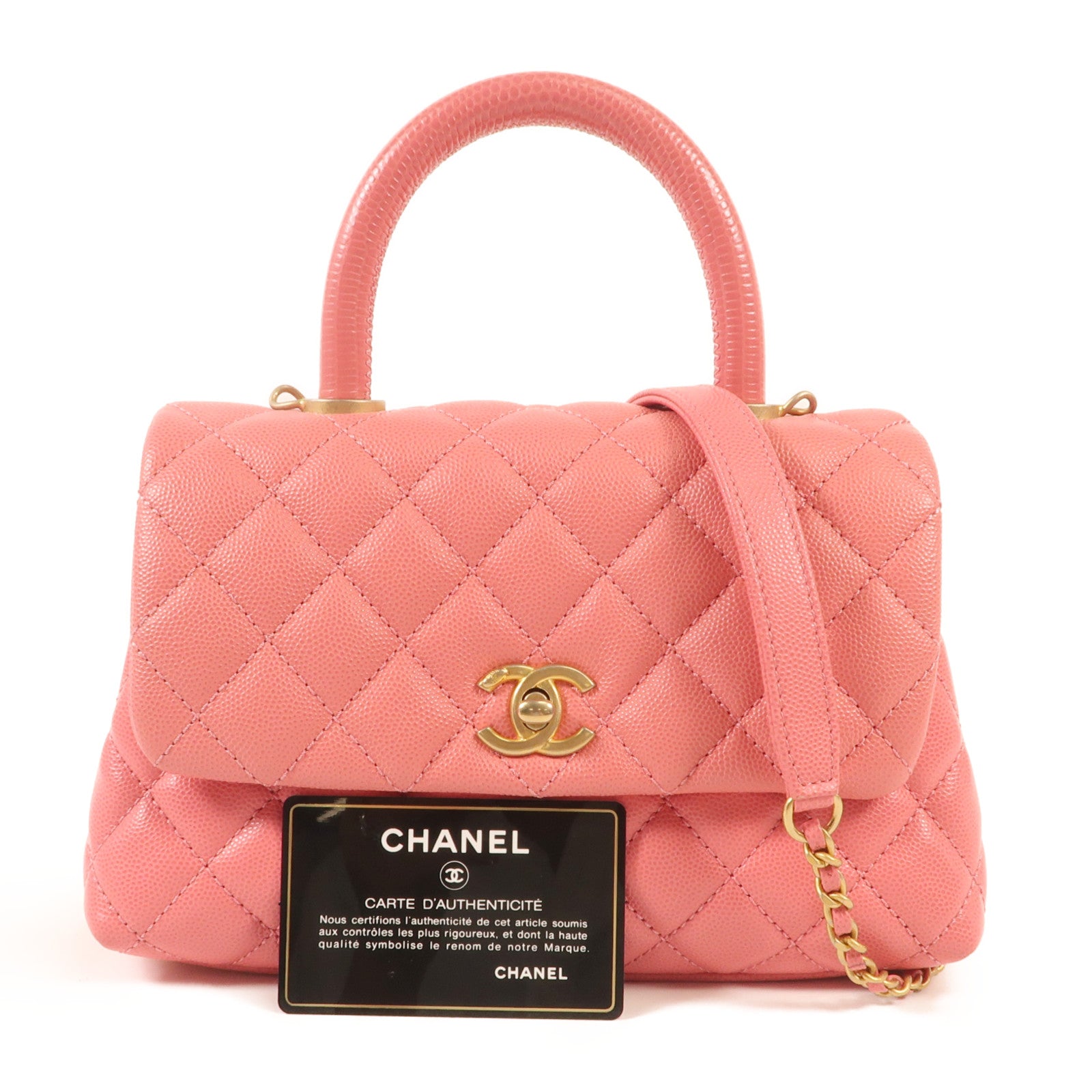 CHANEL 牛皮皮革Coco Handle Small金扣鏈帶手挽肩背兩用袋