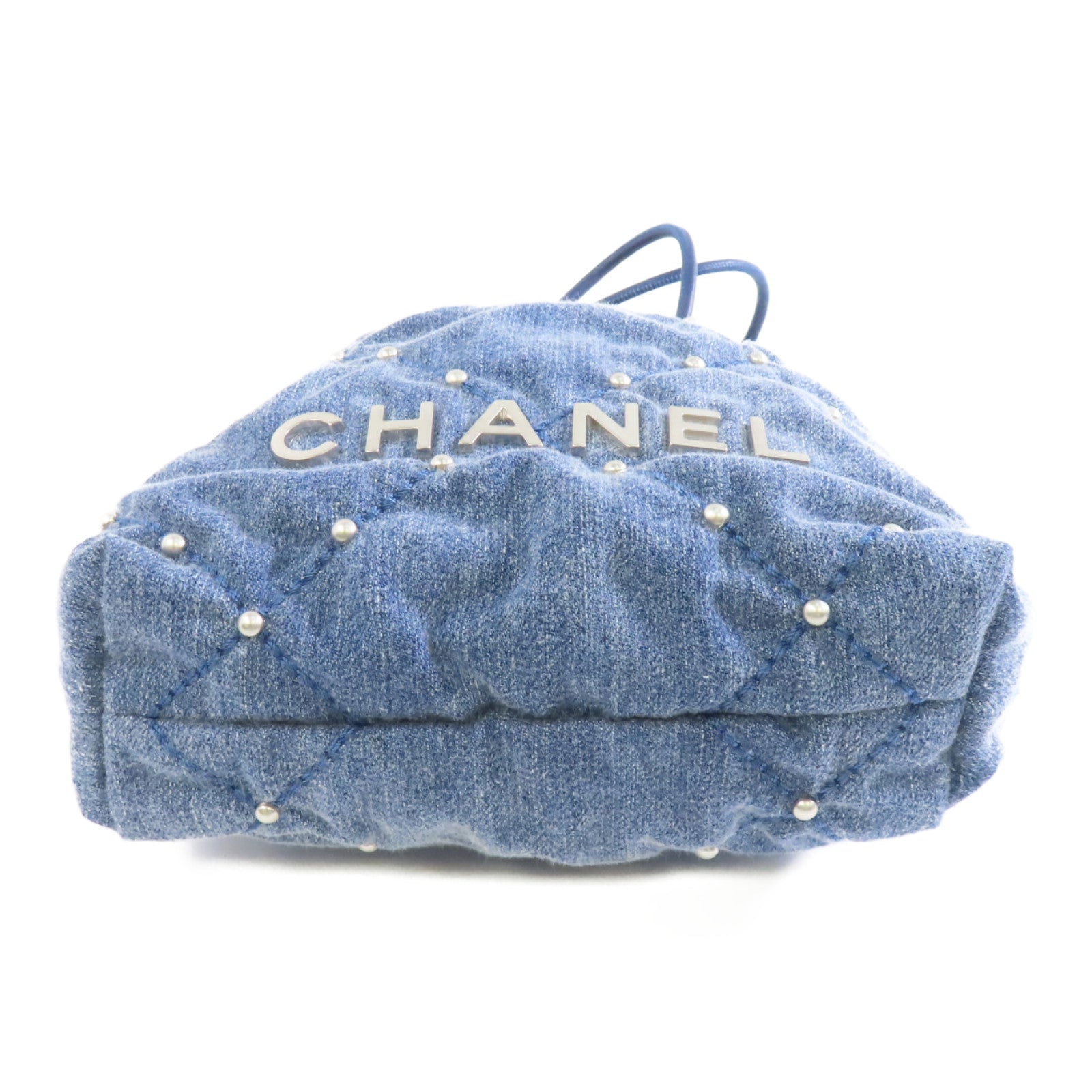 CHANEL 菱格牛仔布Chanel 22 Mini銀扣手挽肩背兩用袋藍色