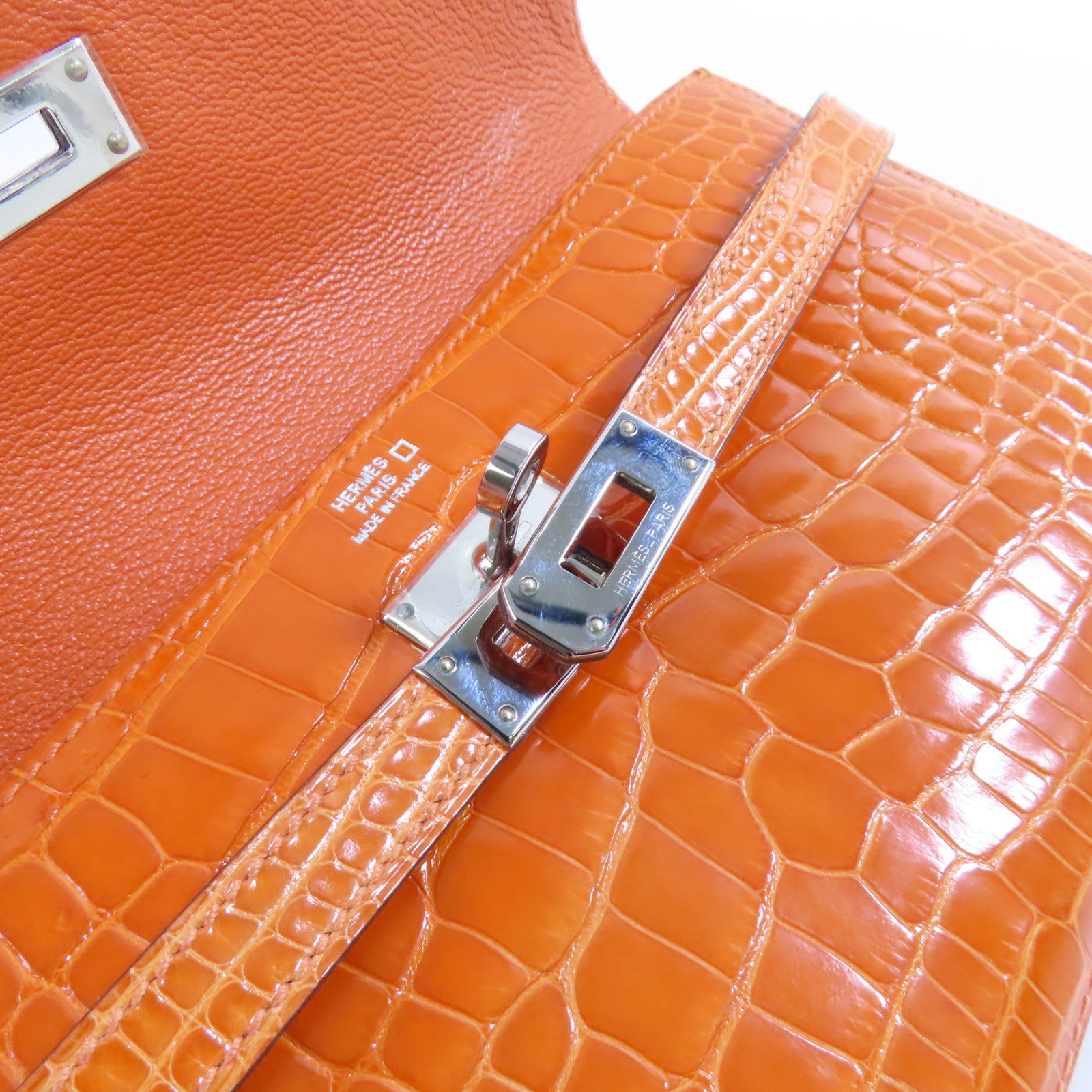 HERMES 鱷魚皮革Kelly Wallet銀扣長錢包93 Orange H/亮橙色