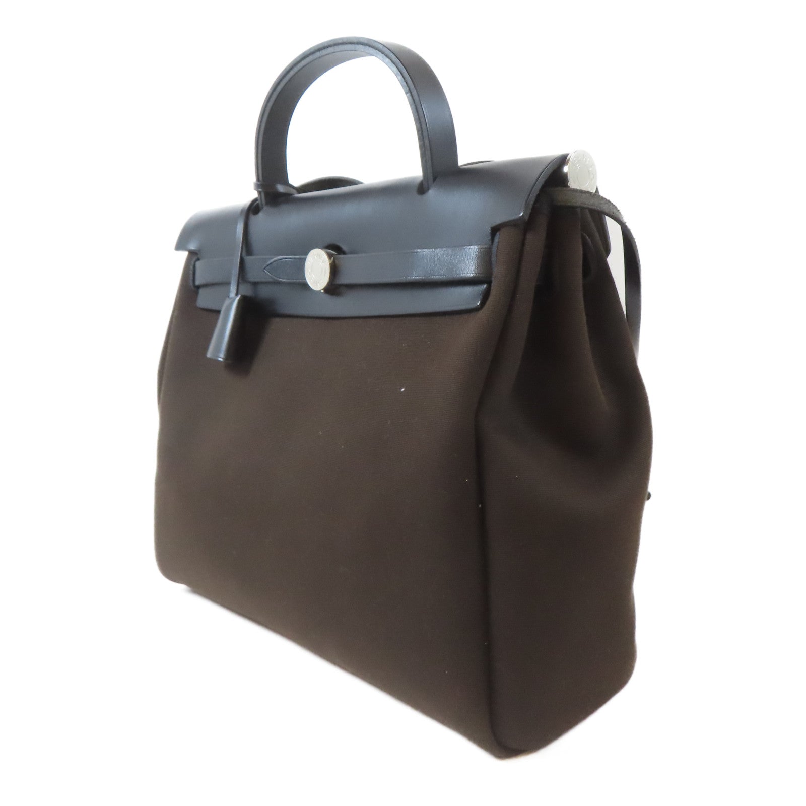HERMES 帆布/Chevre皮革Herbag PM銀扣手挽肩背兩用袋Bruna/啡色