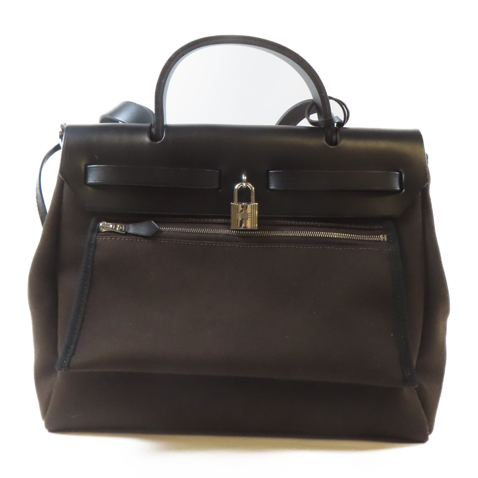 HERMES 帆布/Chevre皮革Herbag PM銀扣手挽肩背兩用袋Bruna/啡色