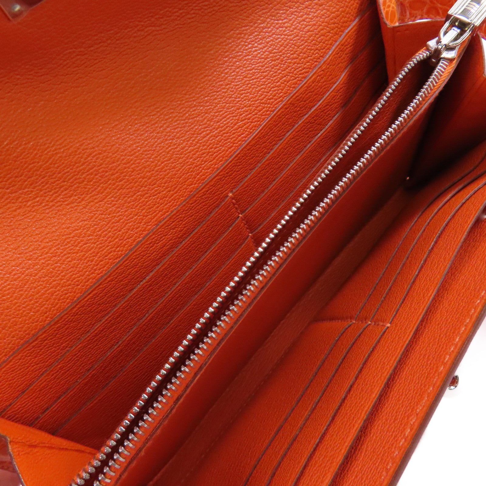 HERMES 鱷魚皮革Kelly Wallet銀扣長錢包93 Orange H/亮橙色